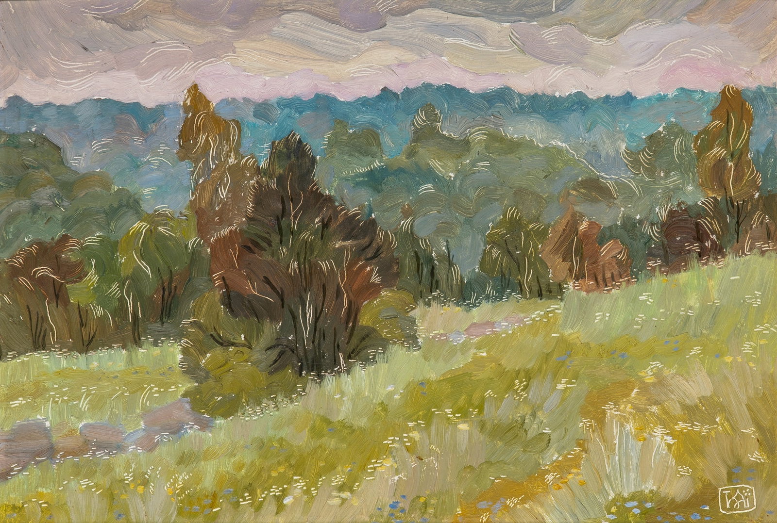 Russian School: 20th Century Spring Landscape Signed with monogram (lr) Oil on board Sight 11 3/4 x 17 1/4 inches (29.8 x 43.8 cm) (Framed 17 x 22 1/2 inches)