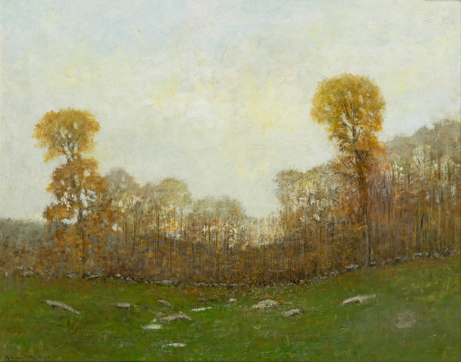 Robertson Kirtland Mygatt: American, 1862-1919 Autumn Landscape, 1915 Signed Robertson K Mygatt and dated 1915 (ll) Oil on canvas Sight 15 1/2 x 19 1/4 inches (39.4 x 48.9 cm) (Framed 22 1/2 x 26 1/2 inche