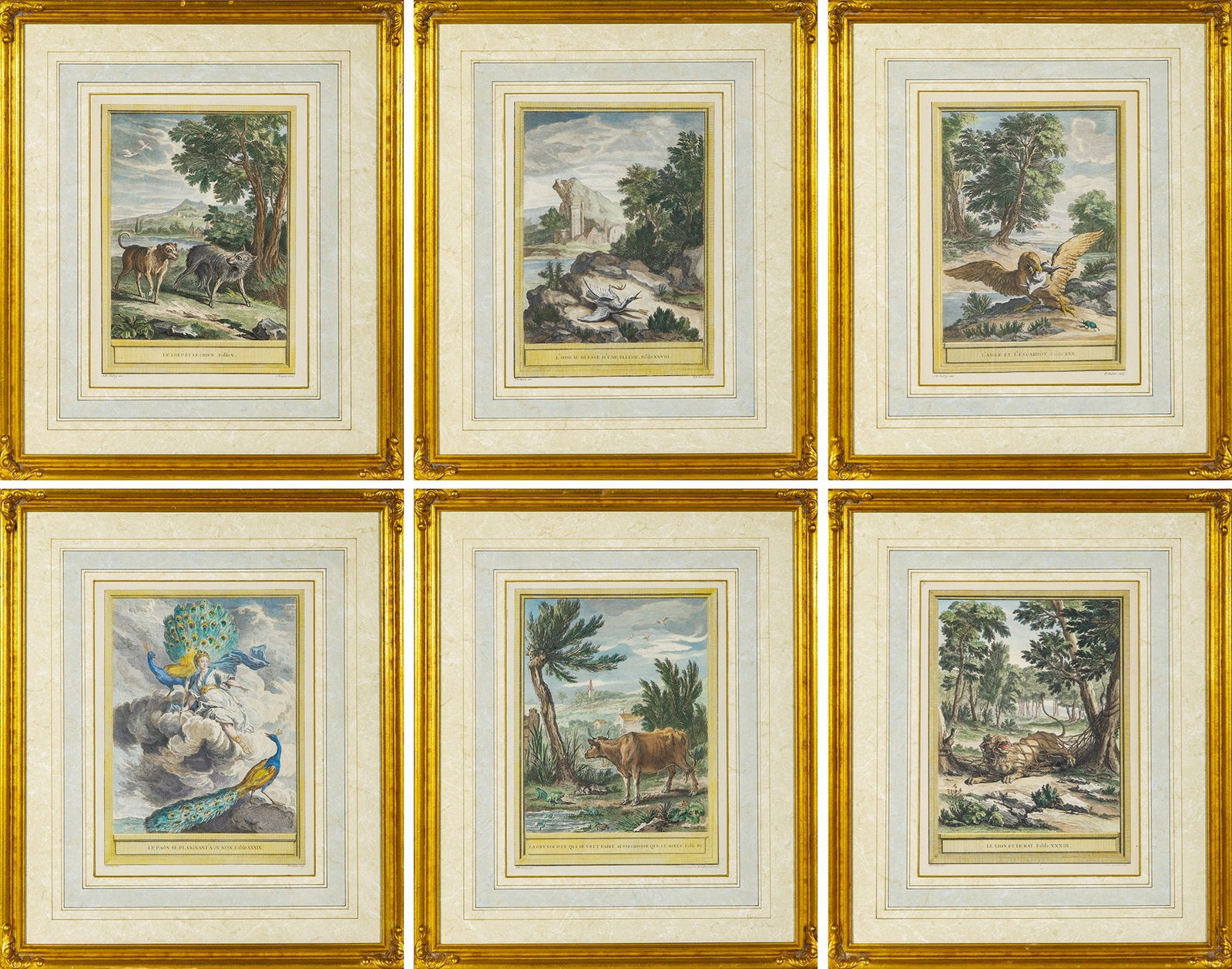 After Jean-Baptiste Oudry (1686-1755): [FABLES] Six hand-colored engravings, from The Fables of La Fontaine, framed. Images 11 1/8 x 8 1/4 inches; 28.2 x 20.9 cm Frames 19 3/4 x 16 5/8 inches; 50.1 x 42.2 cm