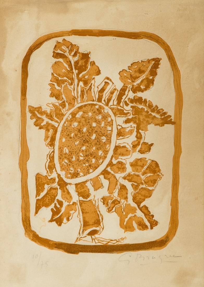 Georges Braque (1882-1963): SUNFLOWER (FLEURS D'AUTOMNE) Color lithograph, circa 1960, on wove paper, signed and numbered 10/75 in pencil, with full margins, framed. Sheet 14 7/8 x 10 5/8 inches; 37.7 x 26.9 cm Frame 17 3/8 x 13