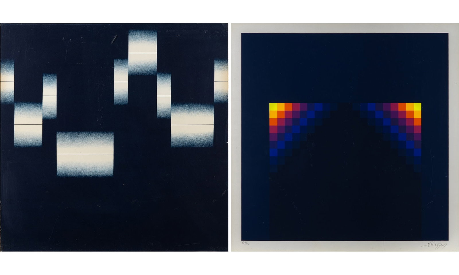 Herbert Bayer (1900-1985): UNTITLED A color lithograph and a color screenprint, 1965 and 1968, respectively, on wove paper, signed and numbered 8/20 and 69/85, the first dated, in pencil, the first from Eight Monochromes, print