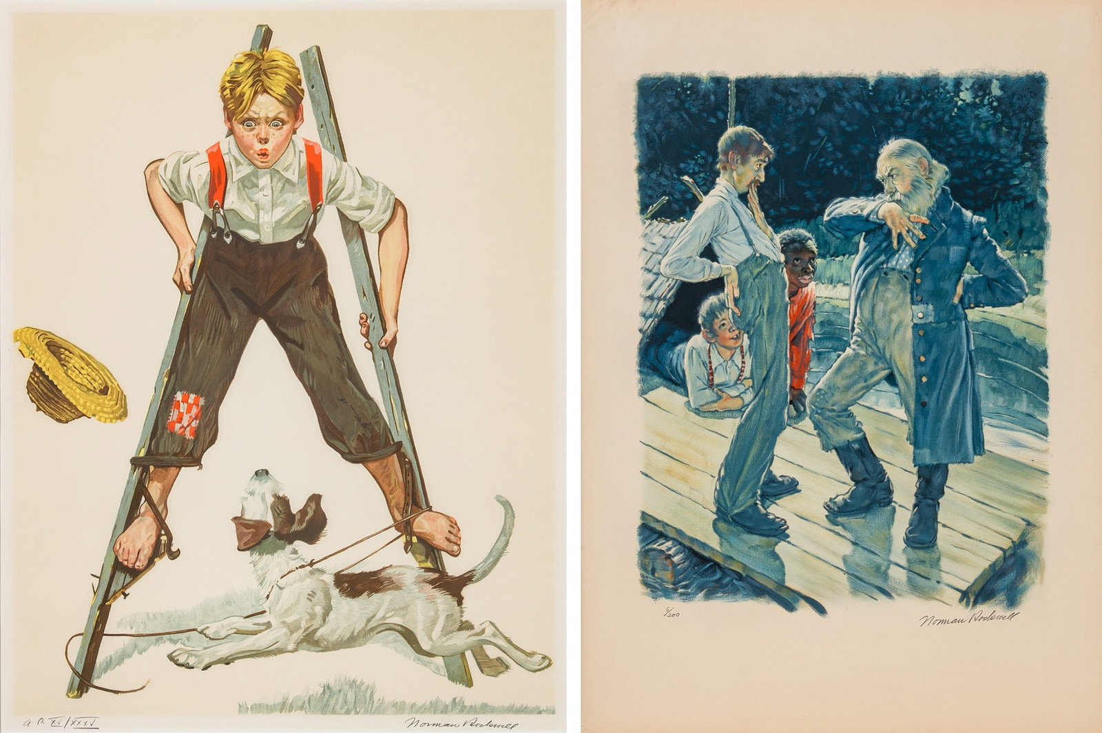 Norman Rockwell (1894-1978): BOY ON STILTS; YOUR EYES IS LOOKIN' Two color lithographs, 1976 and 1977, respectively, signed, the first inscribed AP XV/XXXV, the second numbered 6/200 in pencil, the second from Huckleberry Finn,