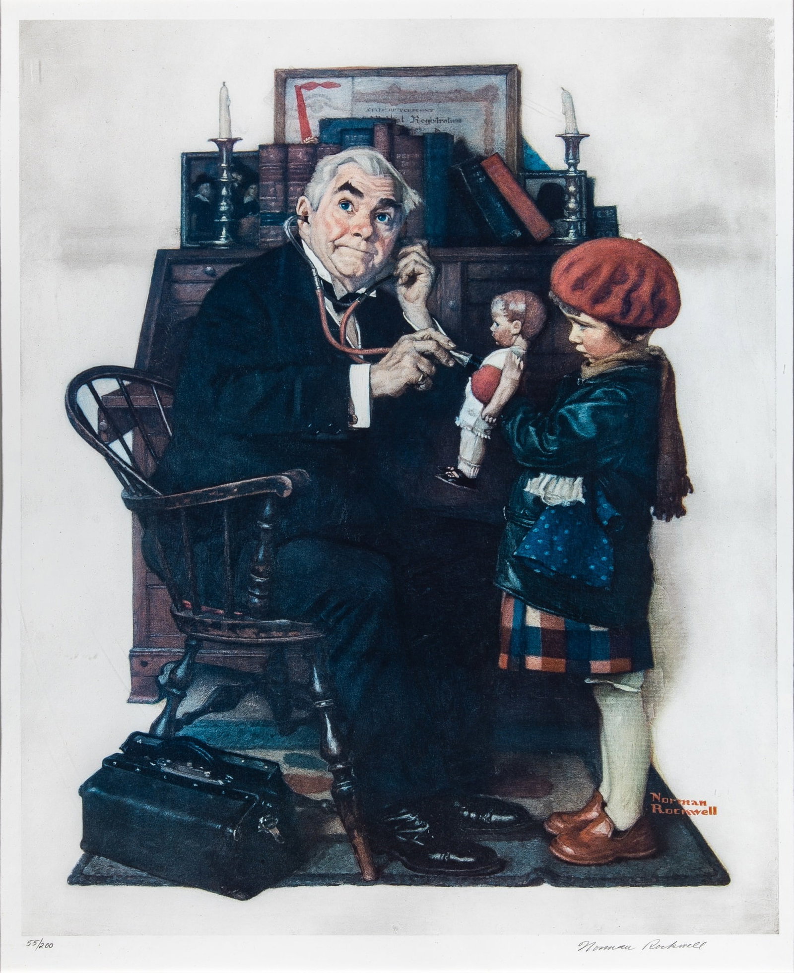 Norman Rockwell (1894-1978): DOCTOR AND DOLL Color collotype, signed and numbered 55/200 in pencil, with full(?) margins, framed. Image 27 5/8 x 22 7/8 inches; 70.1 x 58.1 cm Frame 37 3/8 x 32 inches; 94.9 x 81.2 cm