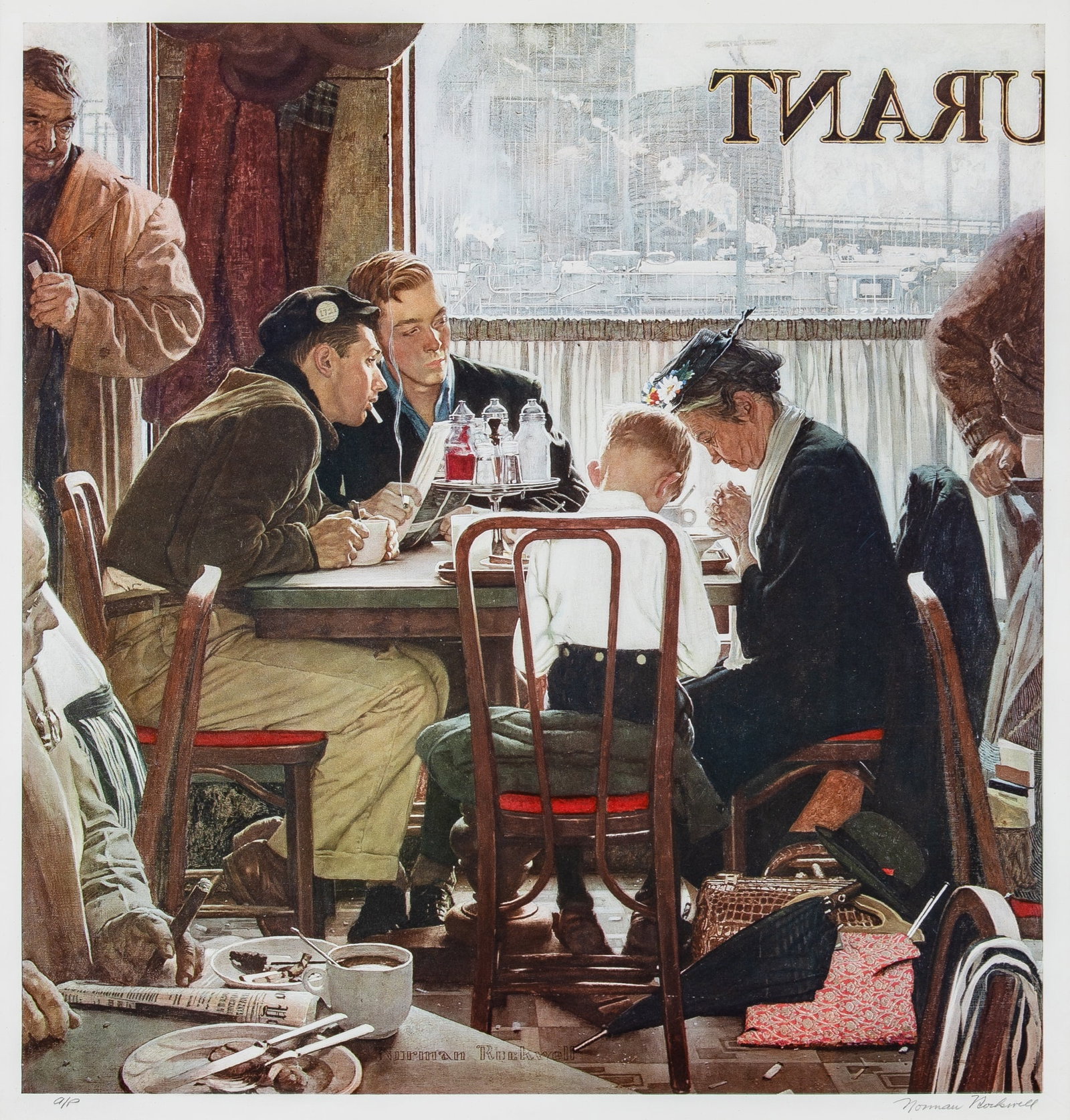 Norman Rockwell (1894-1978): SAVING GRACE Color collotype, signed and inscribed A/P in pencil, with full(?) margins, framed. Image 27 3/4 x 26 1/2 inches; 70.4 x 67.3 cm Frame 39 x 37 1/8 inches; 99.0 x 94.2 cm