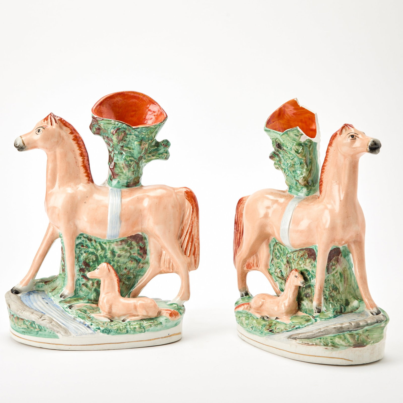 Pair of Staffordshire Spill Vase Groups of a Horse and its Foal (1 of 4)