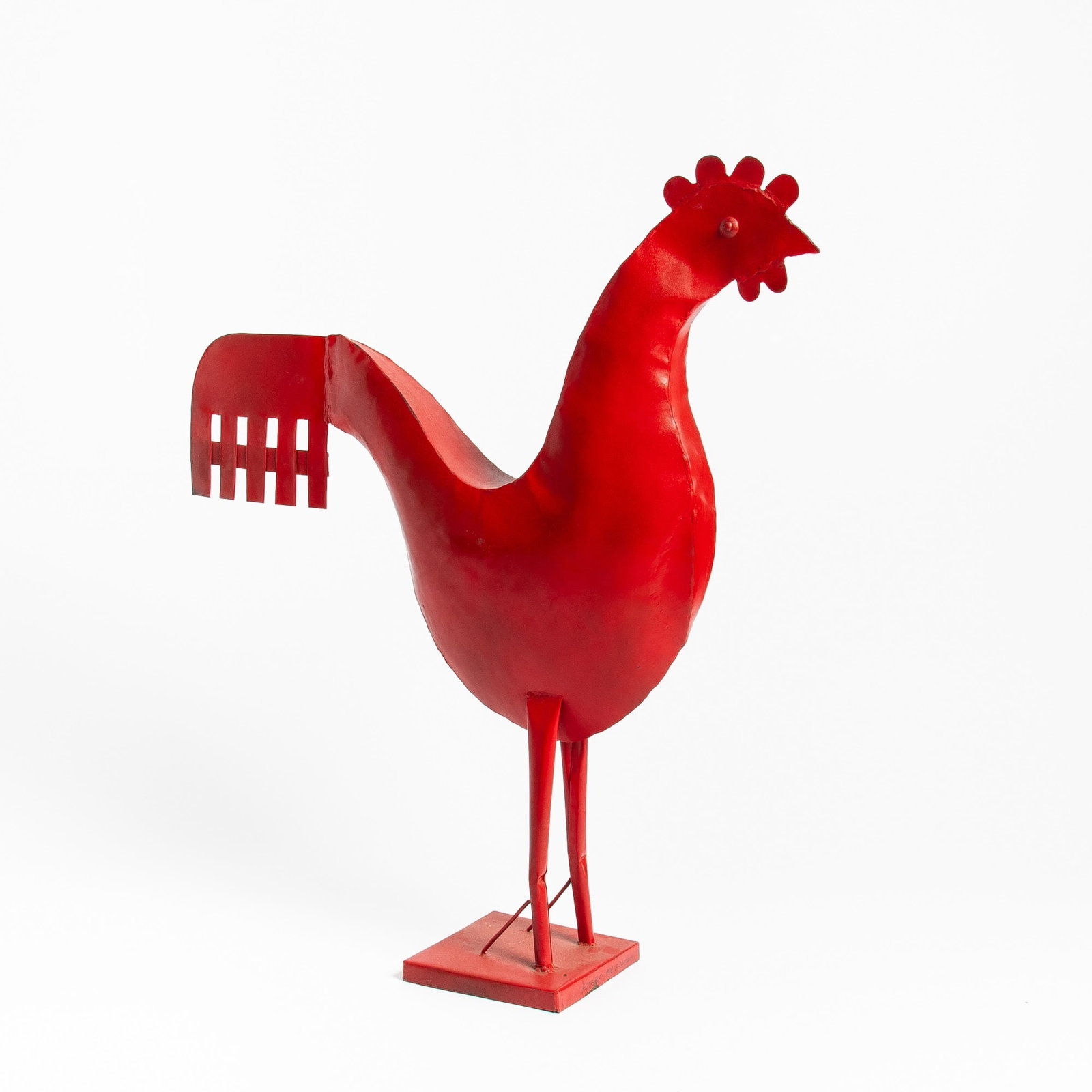 Red Painted Sheet Metal Figure of a Rooster: Modern Height 38 1/4 inches, width 34 inches.