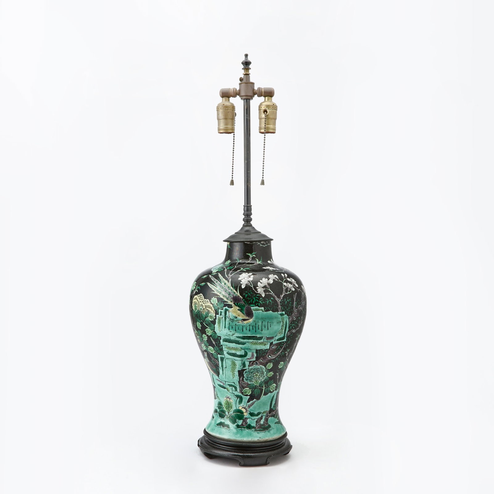 Chinese Famille Noir Porcelain Vase Lamp: Height 14 inches.