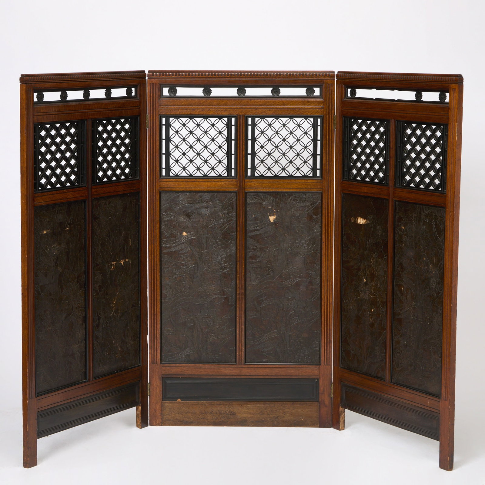 Aesthetic Movement Mahogany and Leather Three-Fold Screen: Height 54 inches, width of each panel 28 inches.