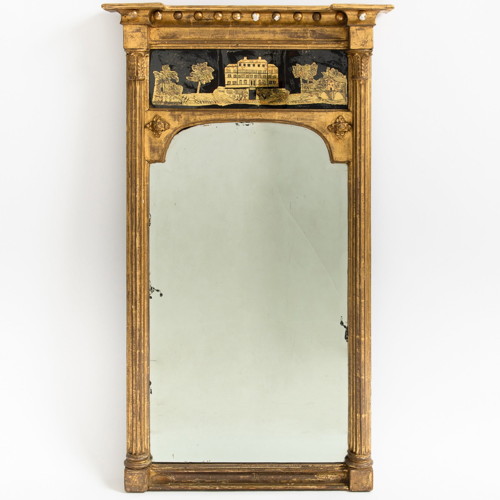 Classical Giltwood and Eglomis? Mirror: Height 39 inches, width 23 3/4 inches.