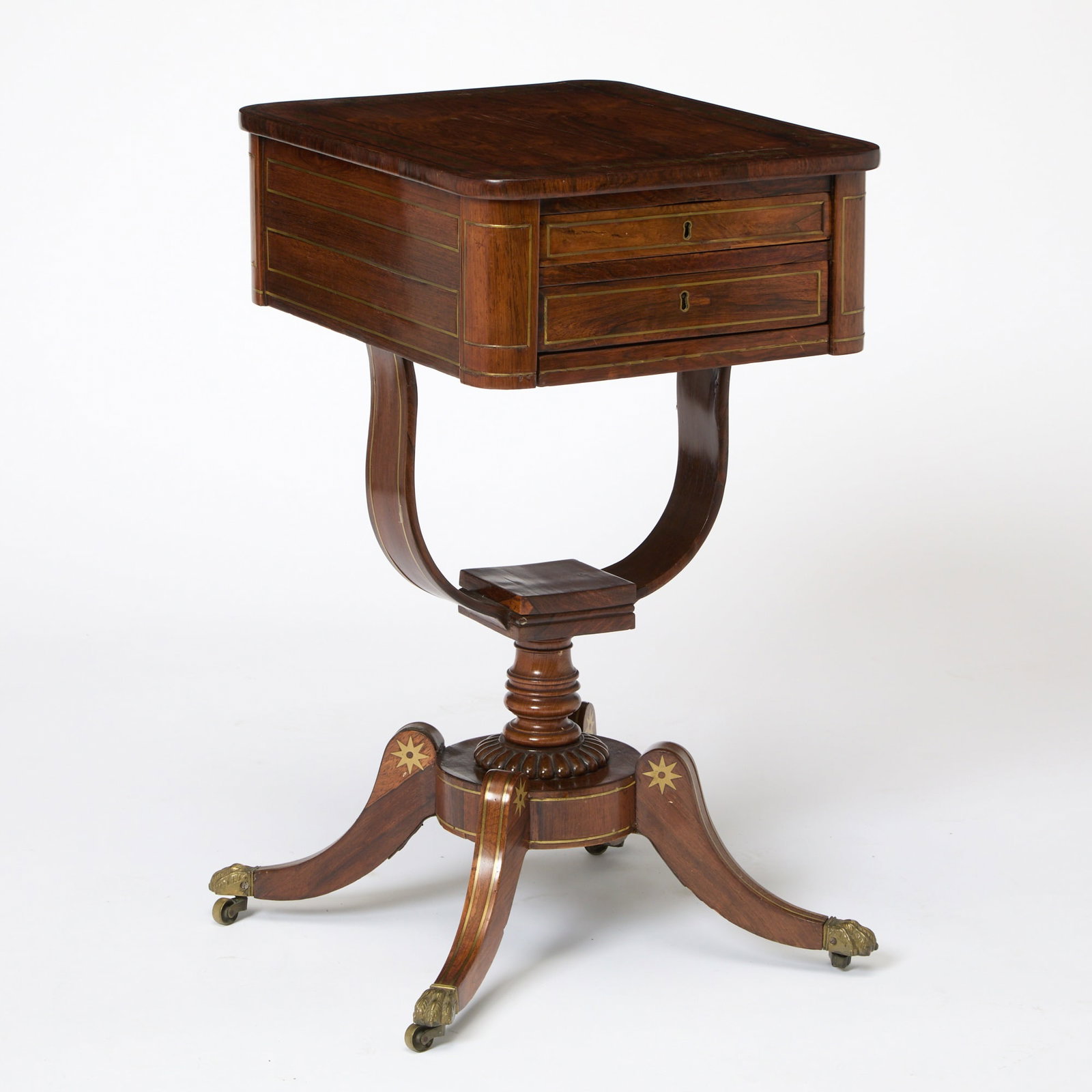Regency Brass-Mounted Rosewood Work Table: Height 28 inches, width 19 1/4 inches, depth 15 inches.