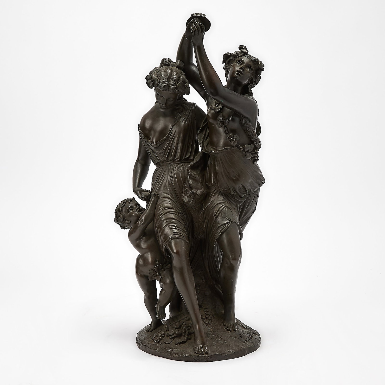 Edmond Louis Auguste Leveque Bronze Figural Group Entitled "Danseurs": Edmond Leveque, French (1814-1875) Figural patinated bronze of two women and a child dancing. Height 22 inches.
