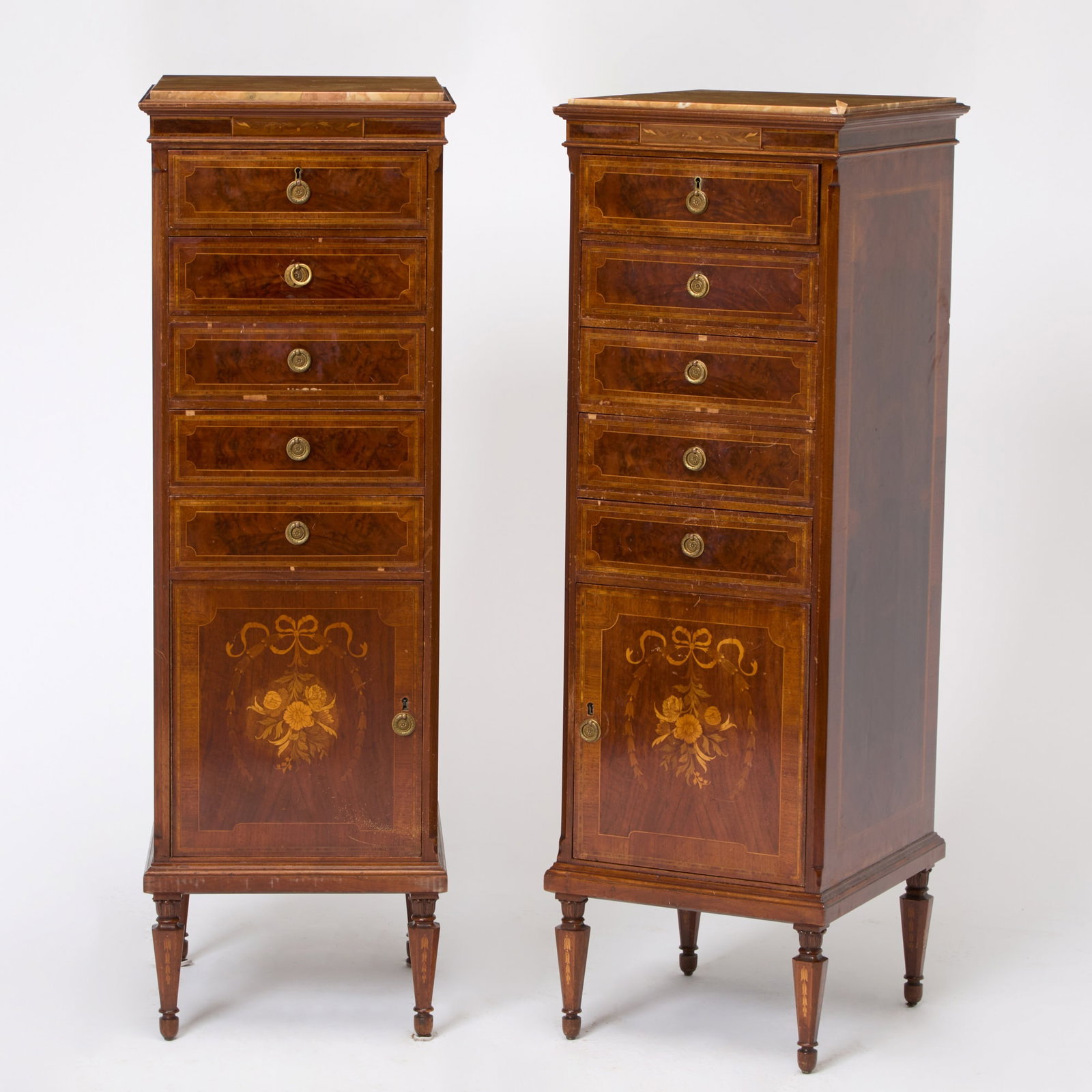 Pair of Louis XVI Style Inlaid Walnut and Kingwood Tall Chest of Drawers: 20th Century Height 50 inches, width 16 1/2 inches, depth 18 1/4 inches.
