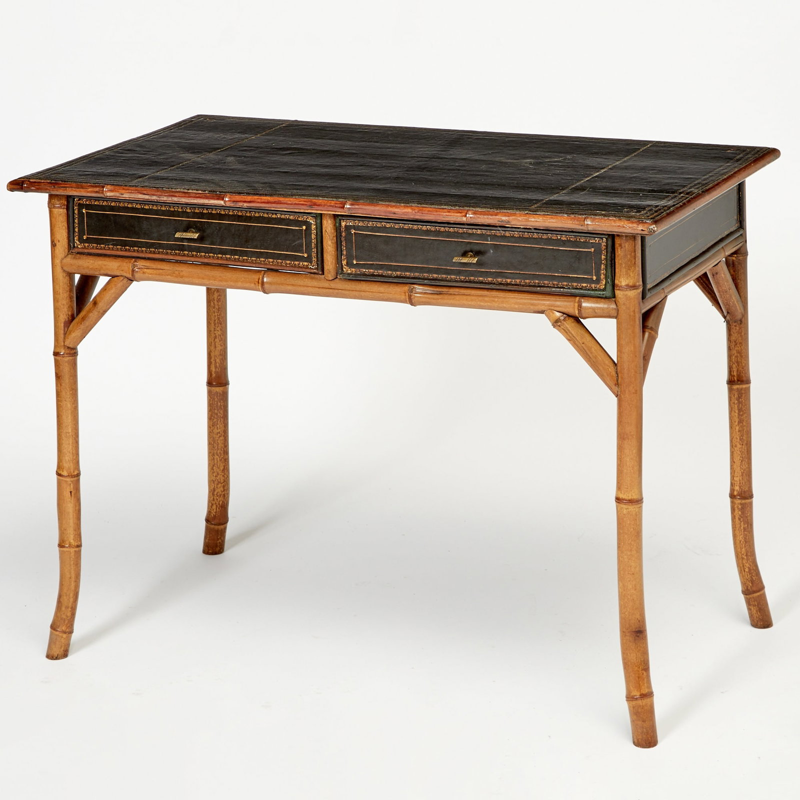 Victorian Leather and Bamboo Writing Table: Height 28 3/4 inches, width 38 3/4 inches, depth 22 1/4 inches.