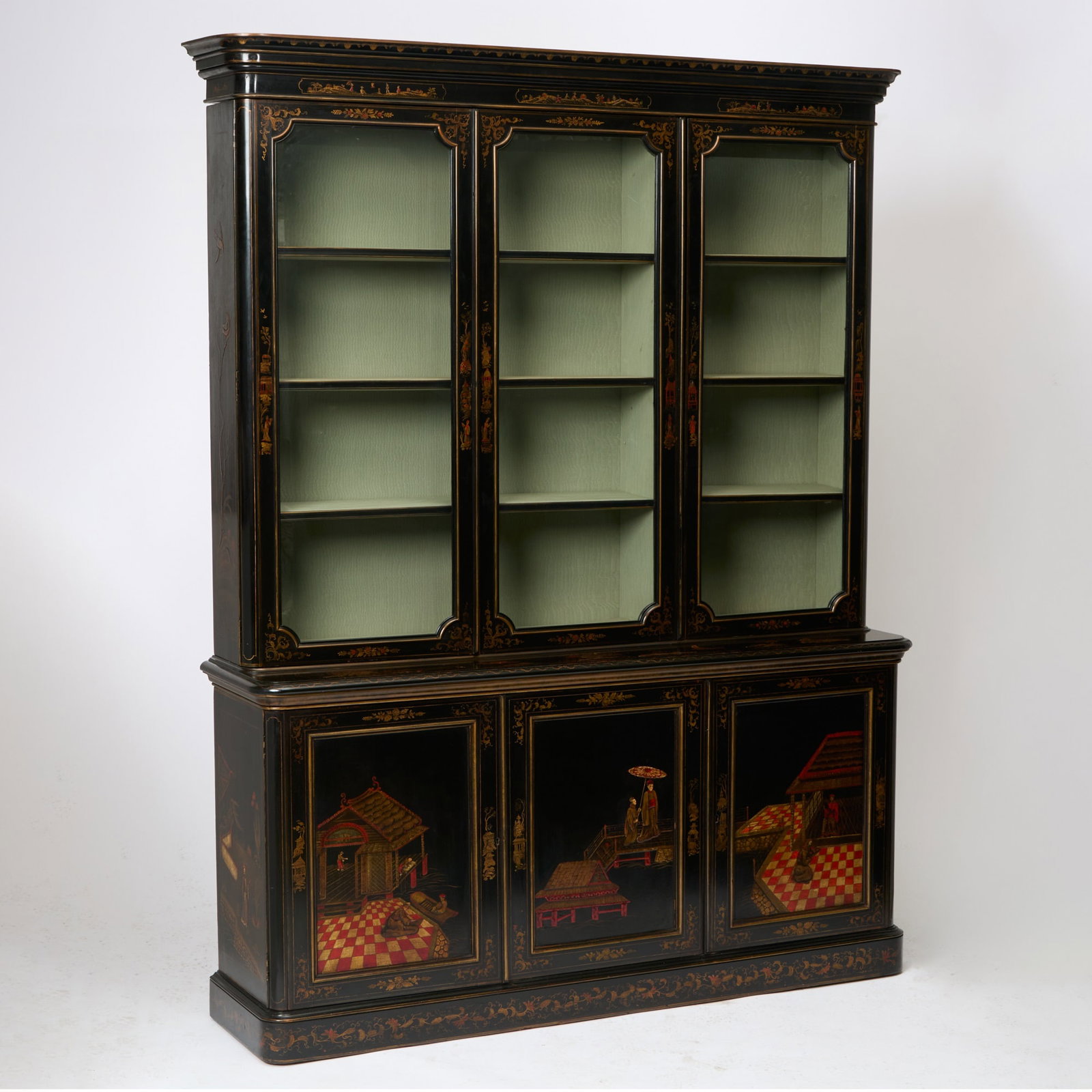 English Black Lacquer Chinoiserie Decorated Cabinet: The cabinet circa 1810, the lacquer of later date Height 8 feet, width 6 feet 1 inch, depth 18 inches. Provenance: M. Comer of London, 1961