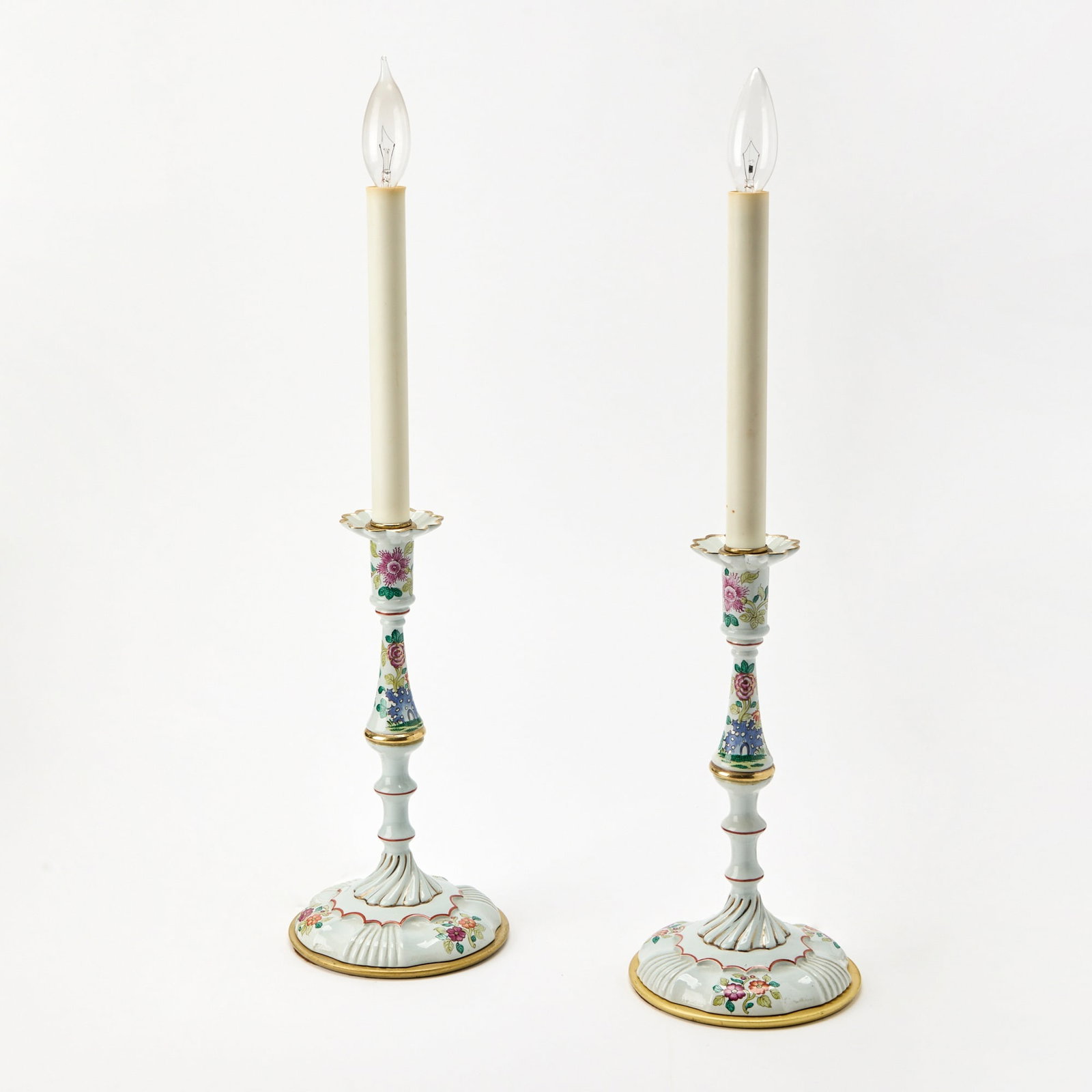 Pair of Staffordshire Enamel Candlesticks as Lamps: Circa 1770 Height 11 1/2 inches.