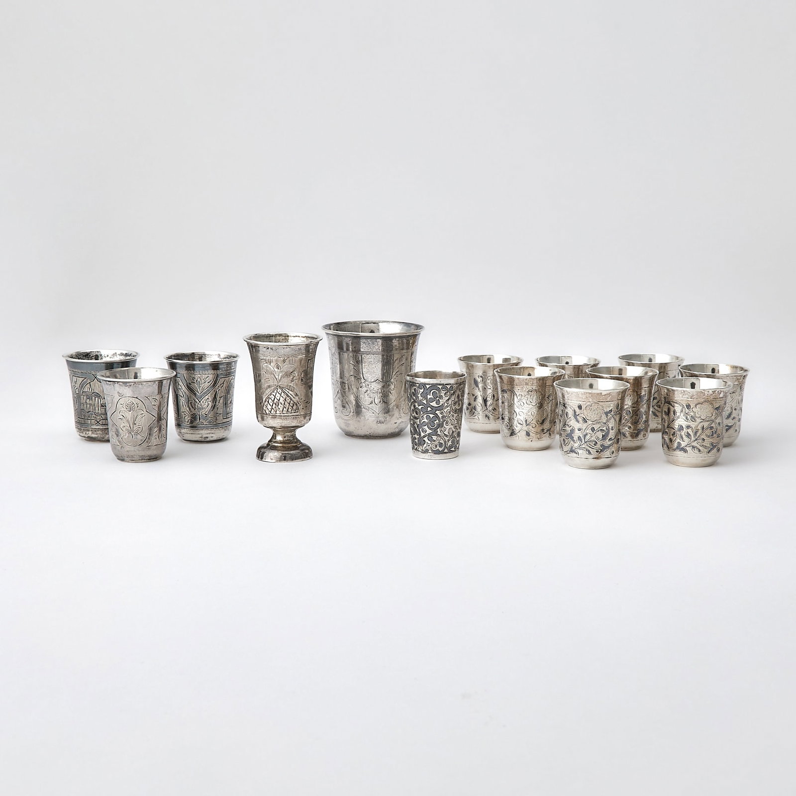 Group of Russian Silver and Niello Beakers: Late 19th-early 20th century Height of tallest 2 5/8 inches, total approximately 13 ounces.