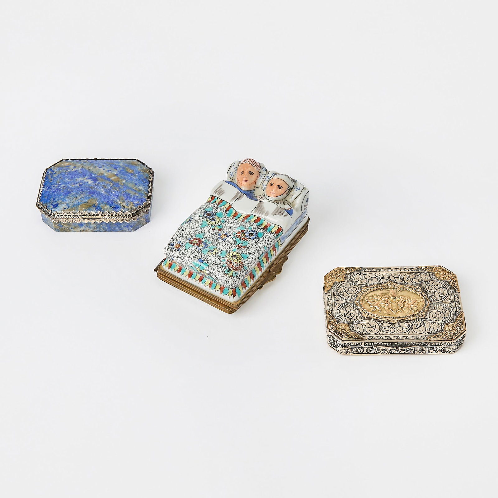 Group of Three Hardstone, Silver and Porcelain Snuff Boxes (1 of 7)