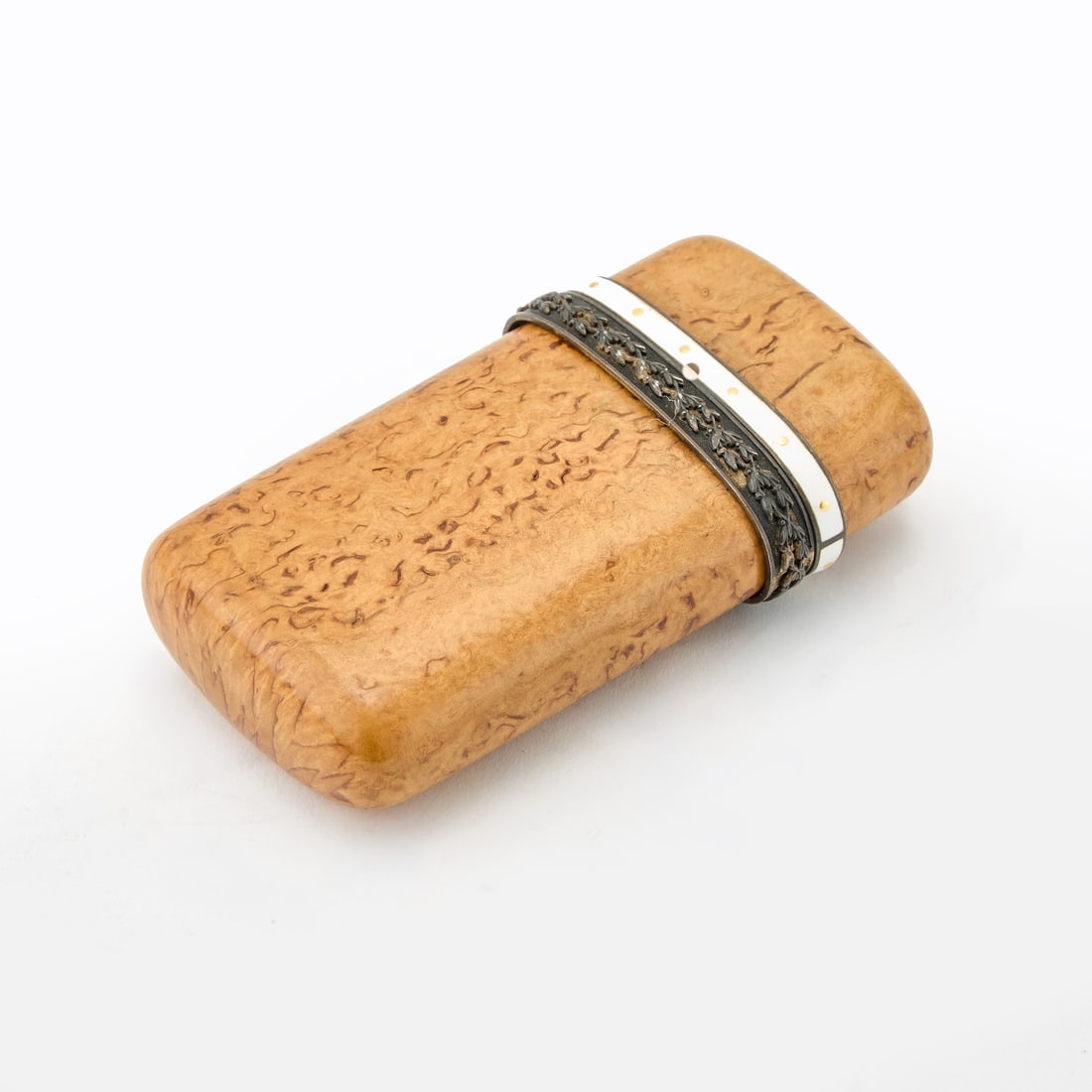 French Silver and Enamel Mounted Wood Cigarette Case: Late 19th century, M. & L Height 3 3/4 inches. Provenance: P, Zervudachi, Galerie Du Lac, Vevey, 1984