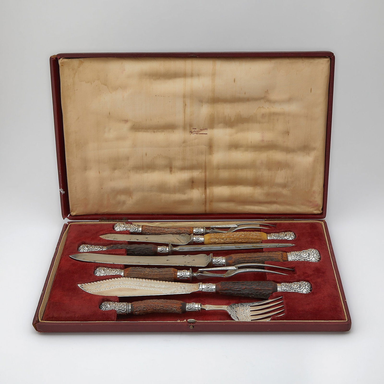 Cased English Silver Plate Mounted Antler Seven Piece Carving Set (1 of 6)