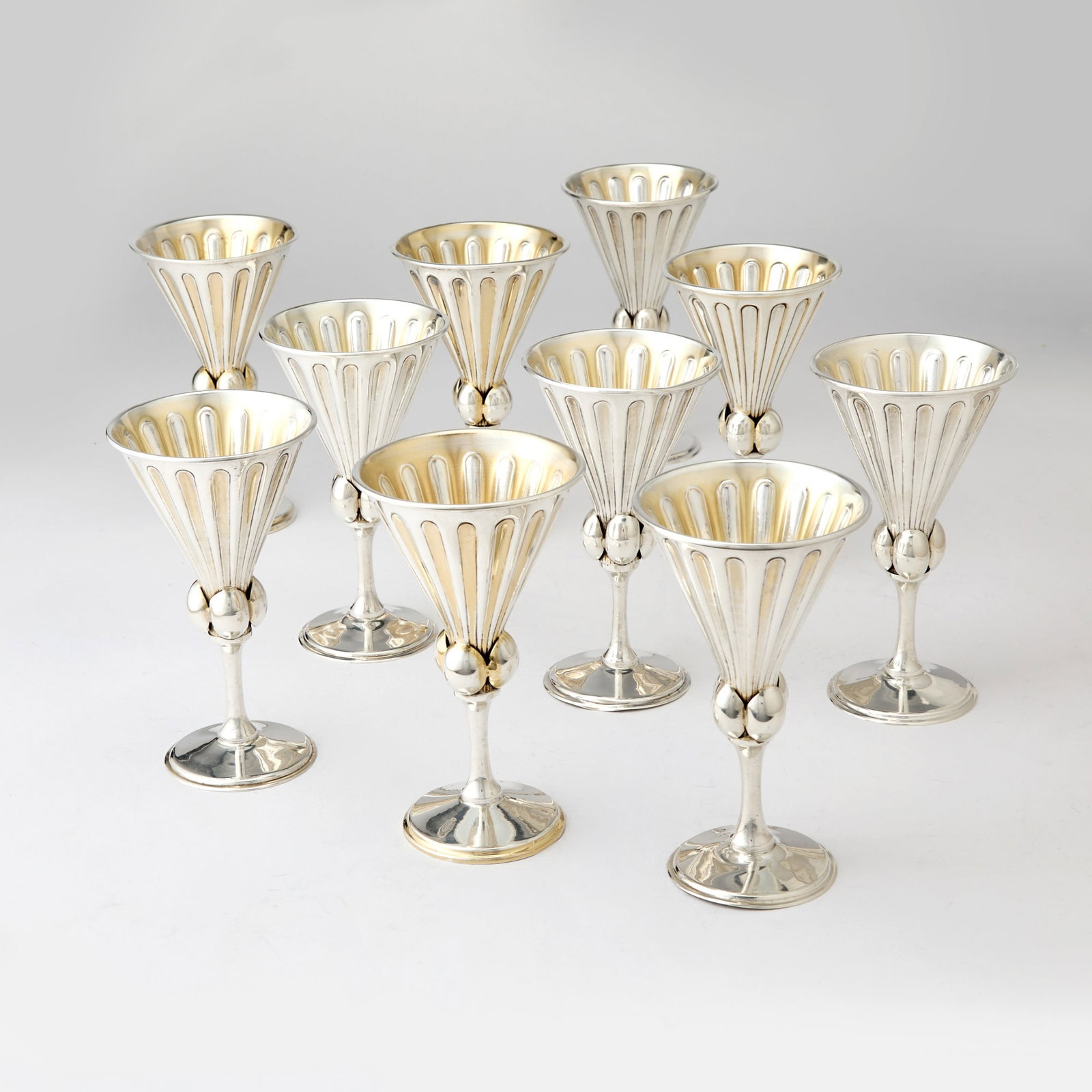 Set of Ten Mexican Sterling Silver Goblets: Tane, mid 20th century Height 6 1/4 inches, total approximately 72 ounces.
