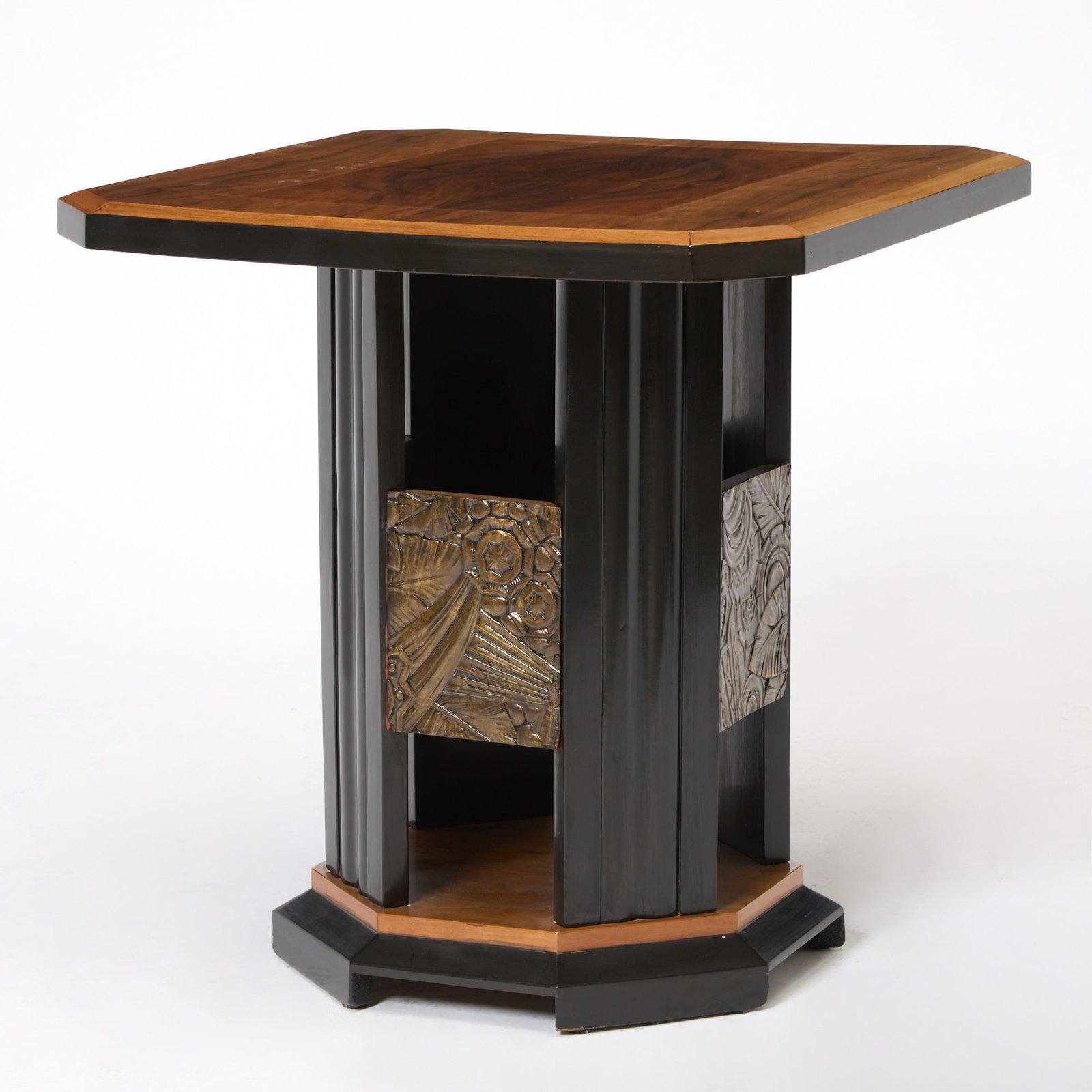 French Art Deco Style Ebonized and Walnut Side Table: Height 26 1/2 inches, 25 3/4 inches square.