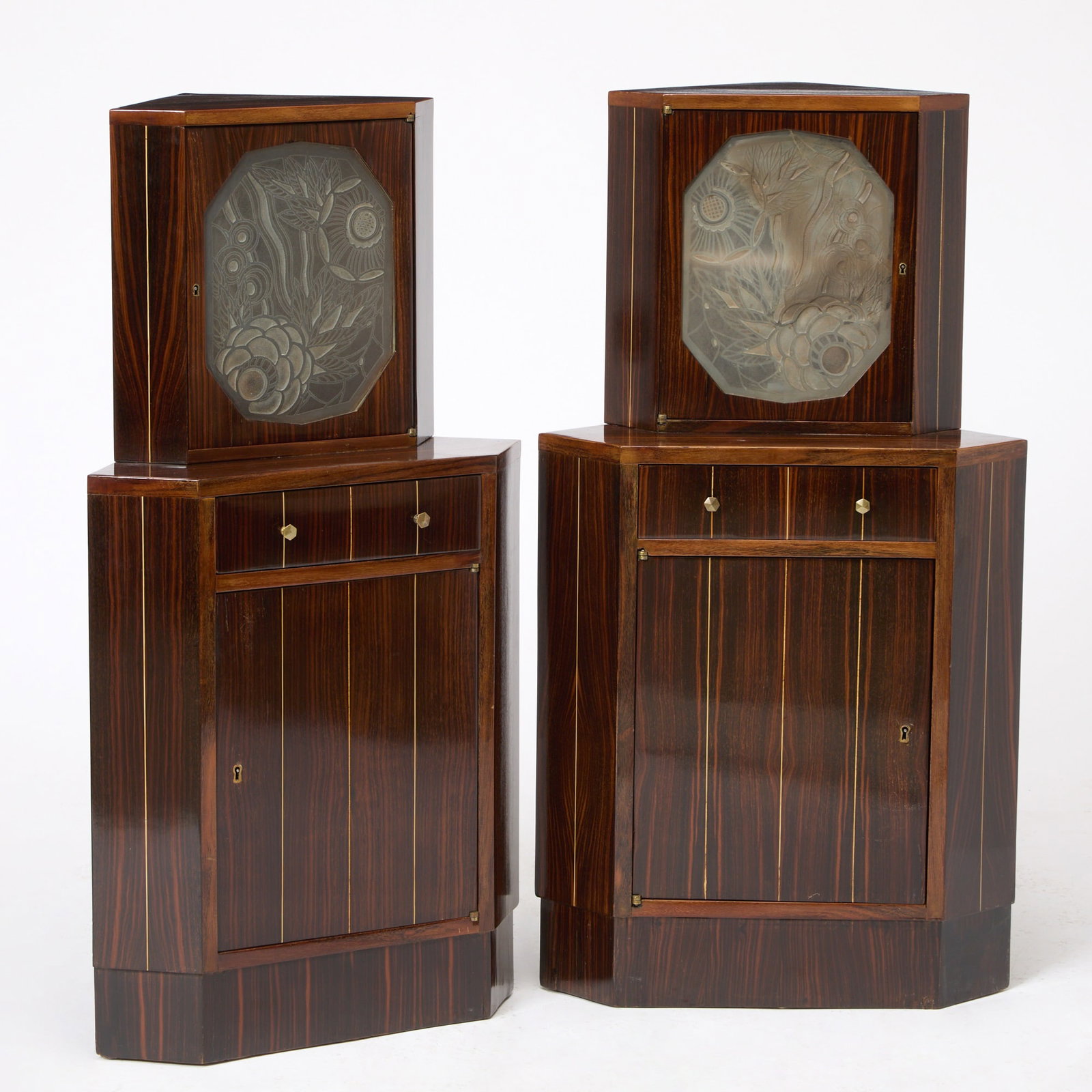 Pair of Art Deco Macassar Ebony and Frosted Glass Encoigneur Nightstands (1 of 6)