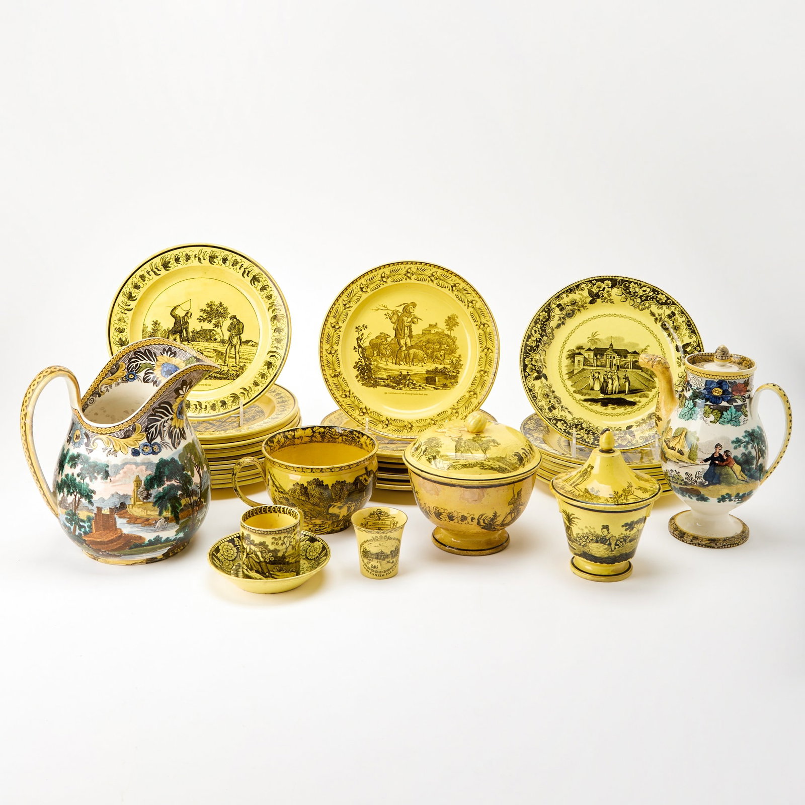 Group of Yellow French Transfer Printed Pottery Table Articles (1 of 8)