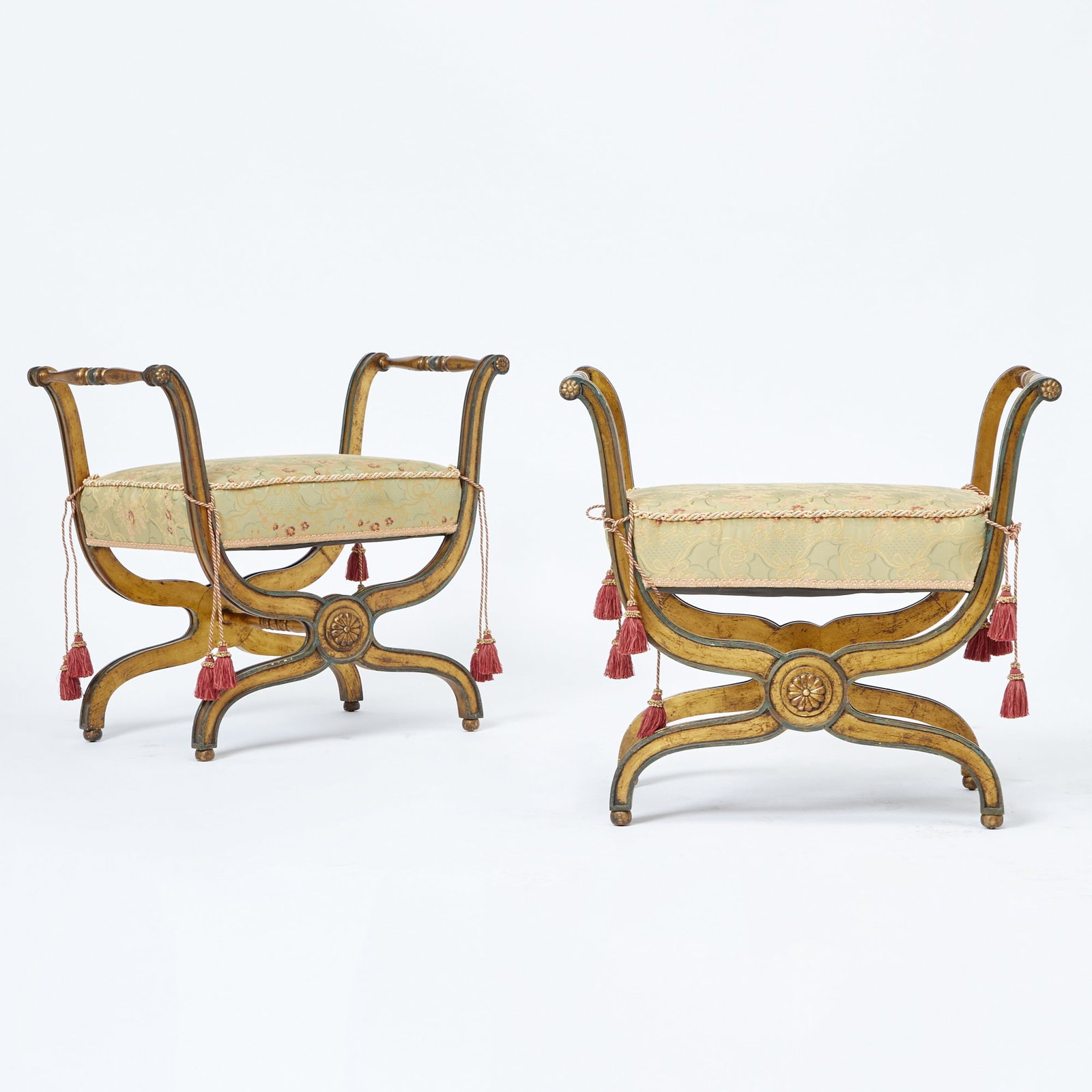 Pair of Louis XVI Style Upholstered Painted and Parcel Gilt Benches (1 of 3)