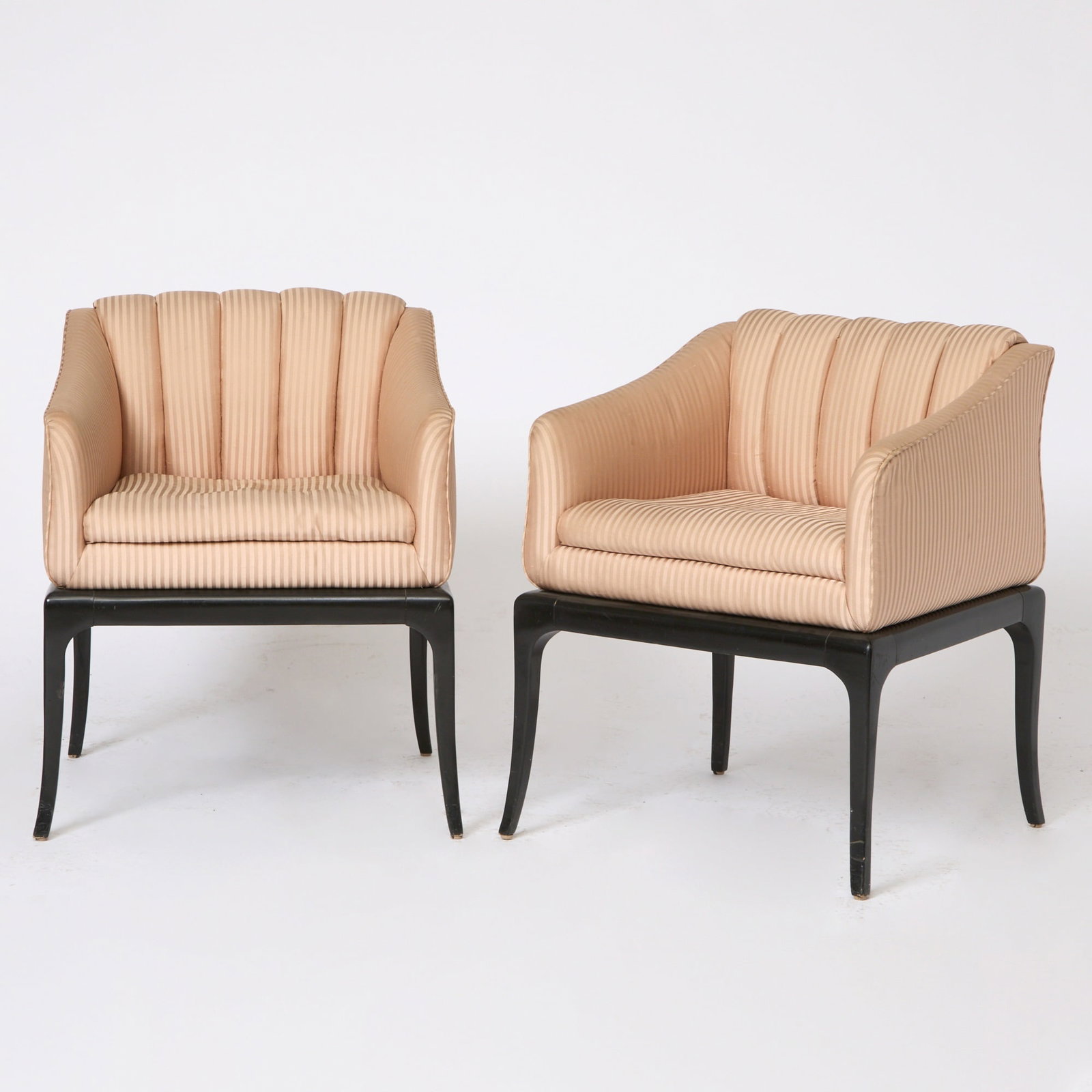 Pair of Art Deco Style Upholstered Ebonized Armchairs: Height 29 inches, width 24 inches, depth 22 inches, height of seat 19 inches.