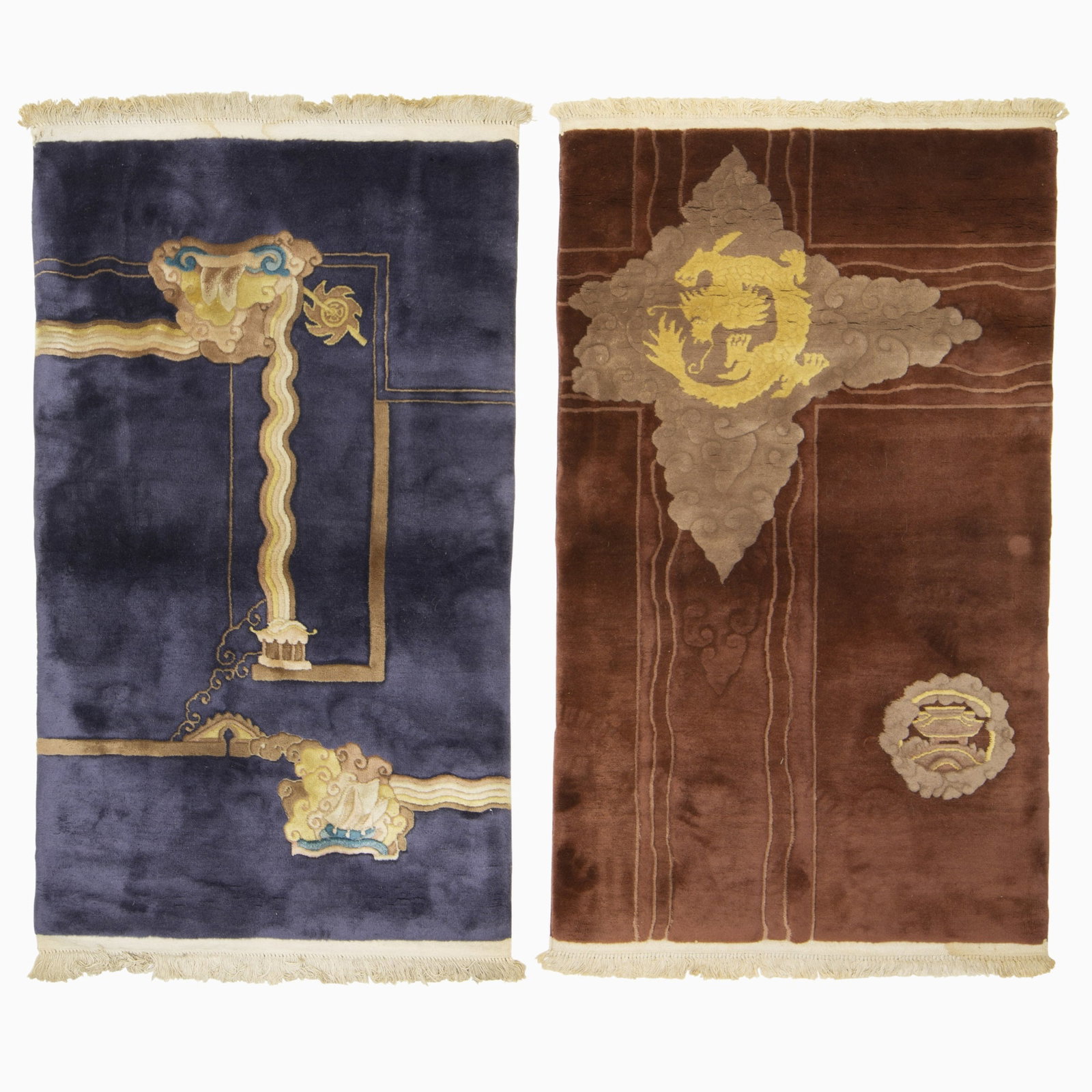 Two Nichols Chinese Rugs: China, Circa 1925 Each with sparse ornamentation, one on a russet field, the other on an indigo field. (4' 9" x 2' 10" and 4' 10" x 2' 11")