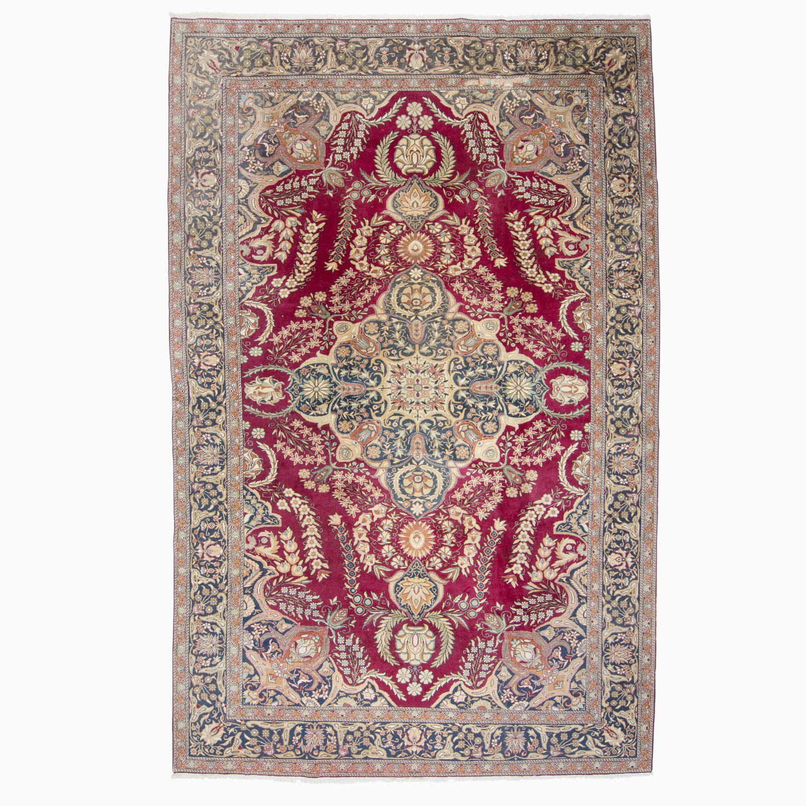 Kayseri Wool Carpet: Central Turkey, Mid-20th Century The central pendant medallion on the crimson field flanked by complementary spandrels is within a slate palmette and leafy vine border. (13' 0" x 8' 5")