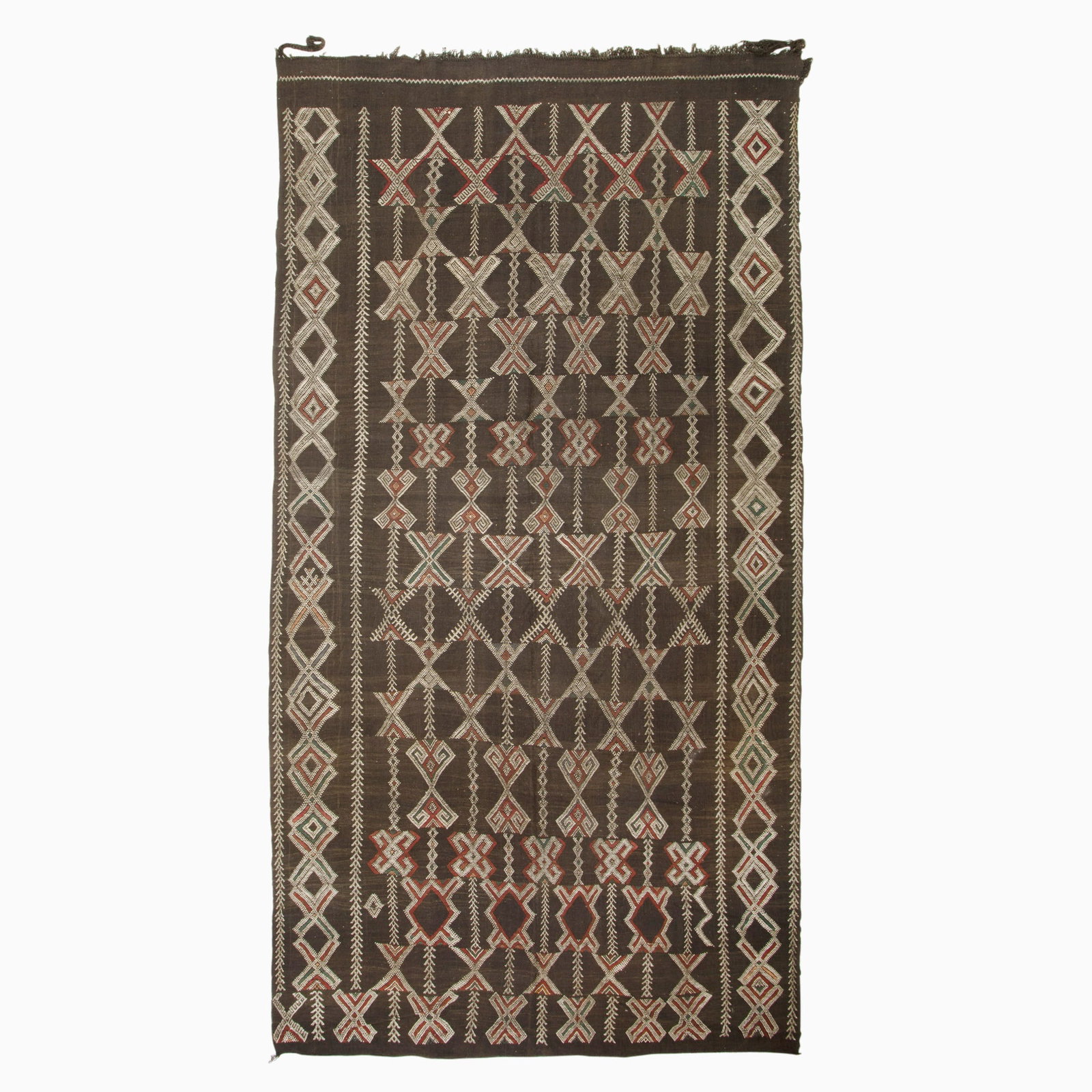 Vintage Zaine Kilim: Morocco, Mid-20th Century With an overall pattern of geometric elements on a charcoal field. (17' 3" x 9' 1")