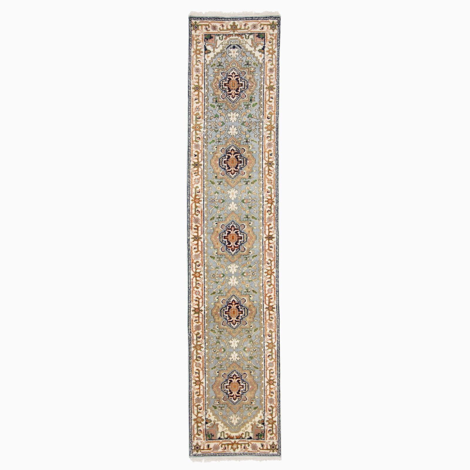 Indo Heriz Runner: India, Contemporary The sky-blue field with five geometric medallions is within an ivory palmette and vine border. (11' 10" x 2' 6")