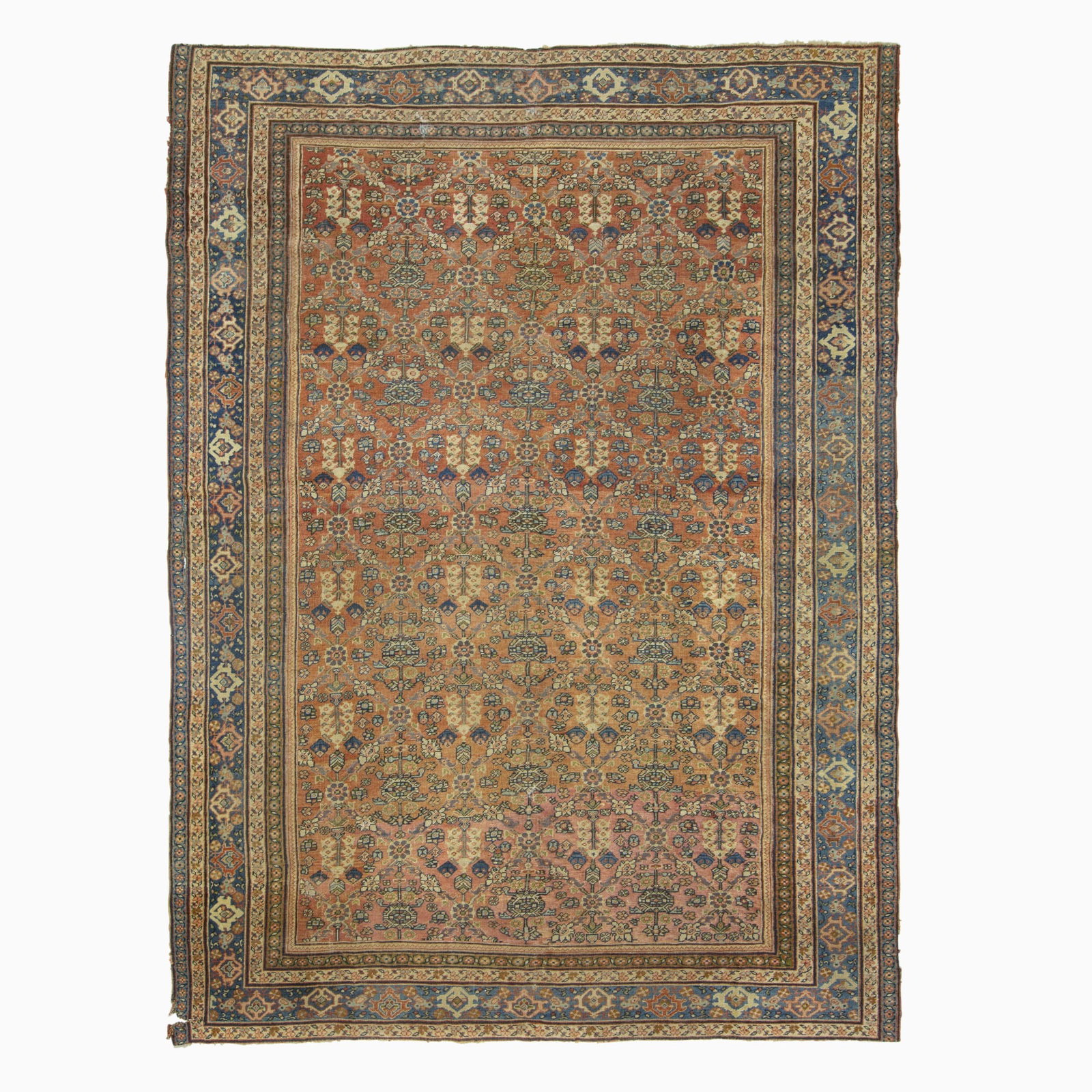 Mahal Carpet: Central Persia, First 1/4 20th Century The rust field with a polychrome Gul Henna pattern overall is within an indigo palmette border. (11' 9" x 8' 7")