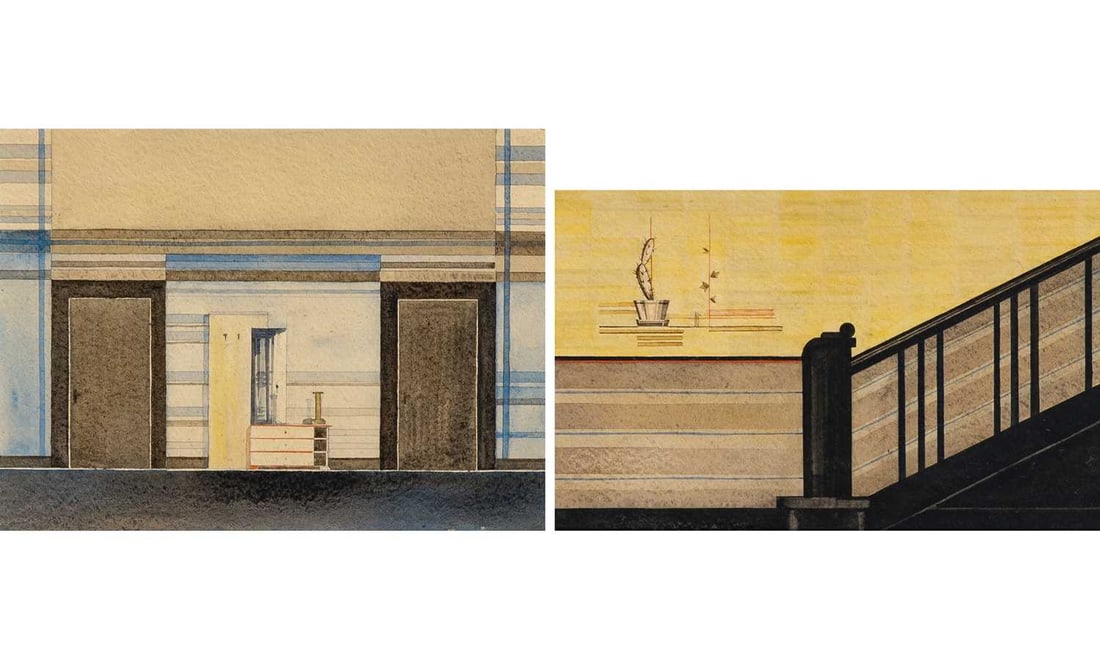 Adolf Bich: German, 20th Century Interior Case Studies: Two Watercolor on paper Sight 7 x 9 1/2 inches (17.8 x 24.1 cm) and sight 6 x 9 1/2 inches (15.2 x 24.1 cm) Provenance: Thomas Consani, 2020 (Each framed