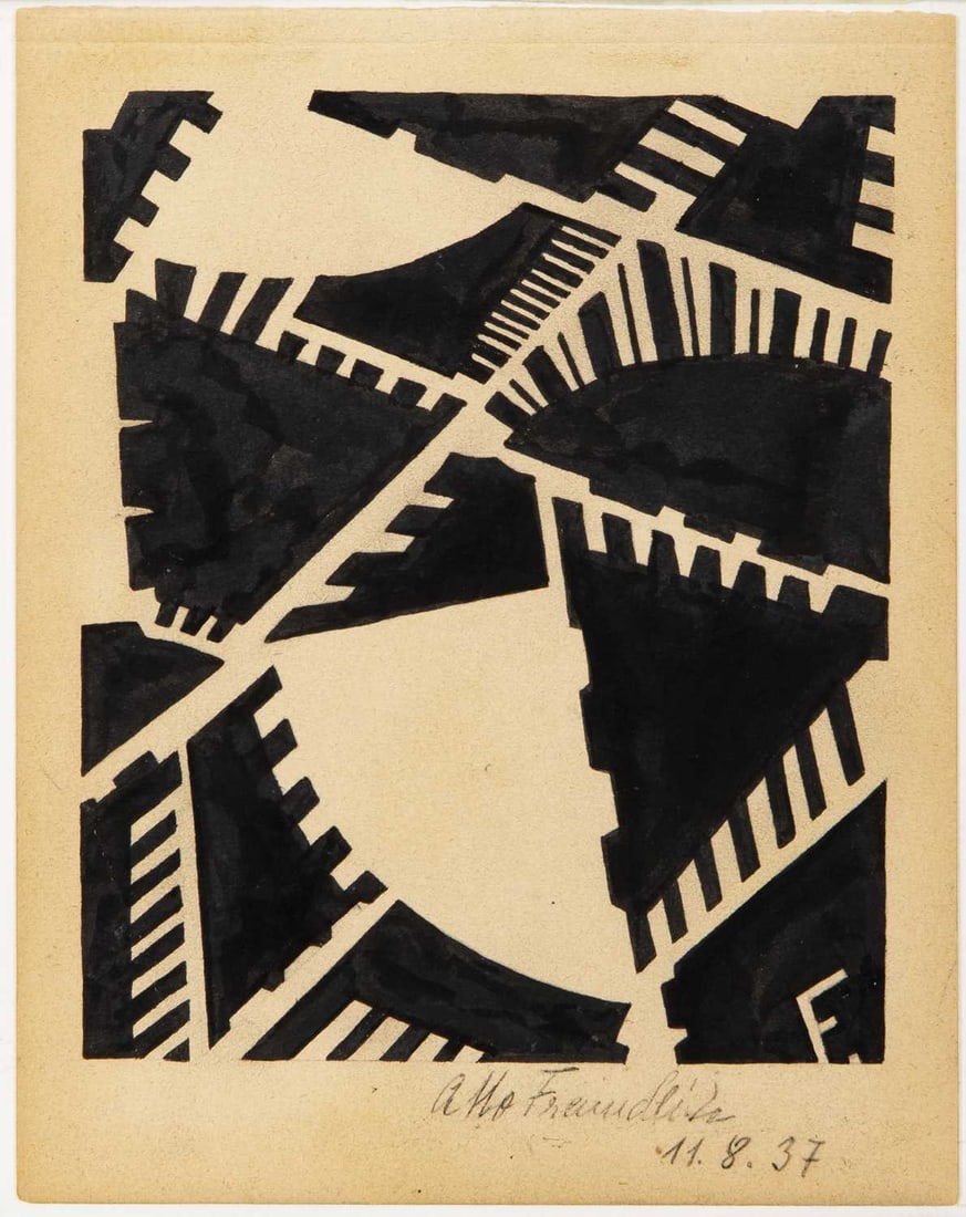 Otto Freundlich: German, 1878-1943 Untitled, 1937 Signed and dated Otto Freundlich 11.8.37 (lr); dated 16 Avril 1958 and stamped ATERLIER D'ART ABSTRAIT / Fondation Otto FREUNDLICH on the reverse Ink on paper 8 1/2 x