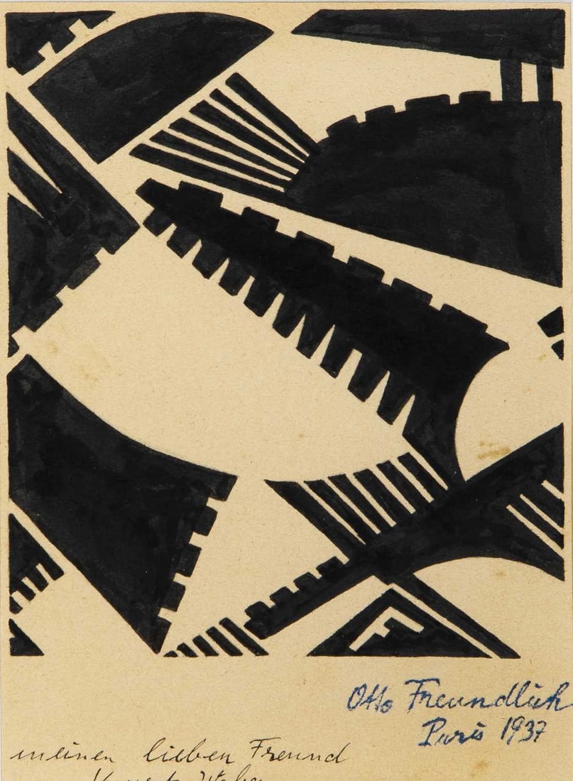 Otto Freundlich: German, 1878-1943 Untitled, 1937 Signed and dated Otto Freundlich Paris 1937 (lr); dedicated Für meinen lieben freund Kurt Weber Paris 1938 (ll) Ink on paper 8 1/2 x 6 3/4 inches (21.6 x 17.1