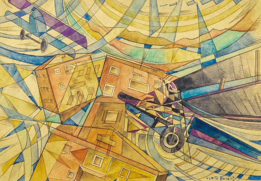 Uberto Bonetti: Italian, 1909-1993 Volo su Forte dei Marmi (Versilia - Flight to Forte dei Marmi) Signed Uberto Bonetti (lr) Watercolor and pencil on paper 8 3/4 x 12 1/2 inches (22.2 x 31.8 cm) This work is