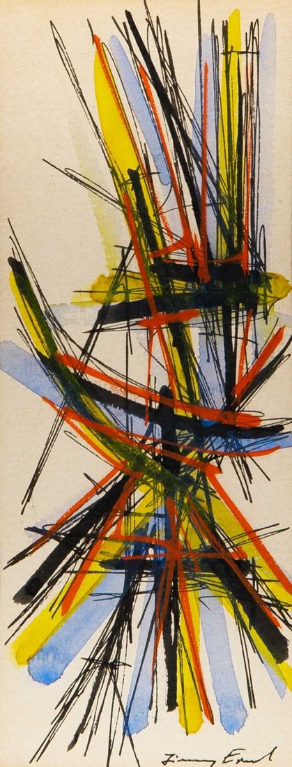 Jimmy Ernst: American, 1920-1984 Untitled (Abstraction) Signed Jimmy Ernst (lr) Watercolor, gouache and ink on paper 8 1/2 x 4 3/8 inches (21.6 x 11.1 cm) (Framed 12 1/2 x 6 3/4 inches)