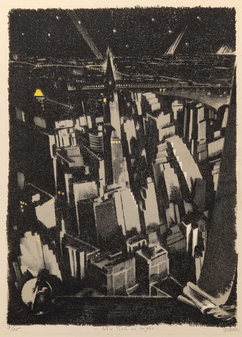 Max Oppenheimer (1885-1954): NEW YORK AT NIGHT Color lithograph, 1951, on wove paper, signed with initials, titled and numbered 5/35 in pencil, with full margins, unframed. Image 10 1/4 x 7 1/2 inches; 26.0 x 19.0 cm Sheet 15