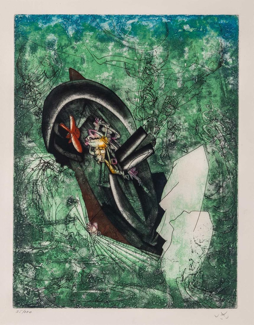 Roberto Matta (1911-2002): L'ERGOFRAGE (FERRARI 207) Color etching and aquatint, 1976-77, on Arches paper, signed and numbered 75/100 in pencil, from Hom'mère III - L'Ergonaute, printed by Georges Visat, Paris, published