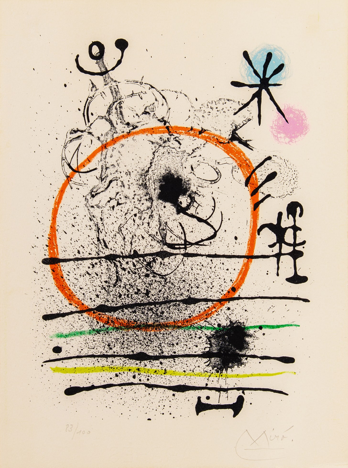 Joan Miró (1893-1983): HERBES D'ÉTÉ (MOURLOT 550; CRAMER BOOKS 118) Color lithograph, 1967, on Arches paper, signed and numbered 83/100 in pencil, from Hai-Ku, with full margins, framed. Image 10 x 7 3/8 inches; 25.4 x