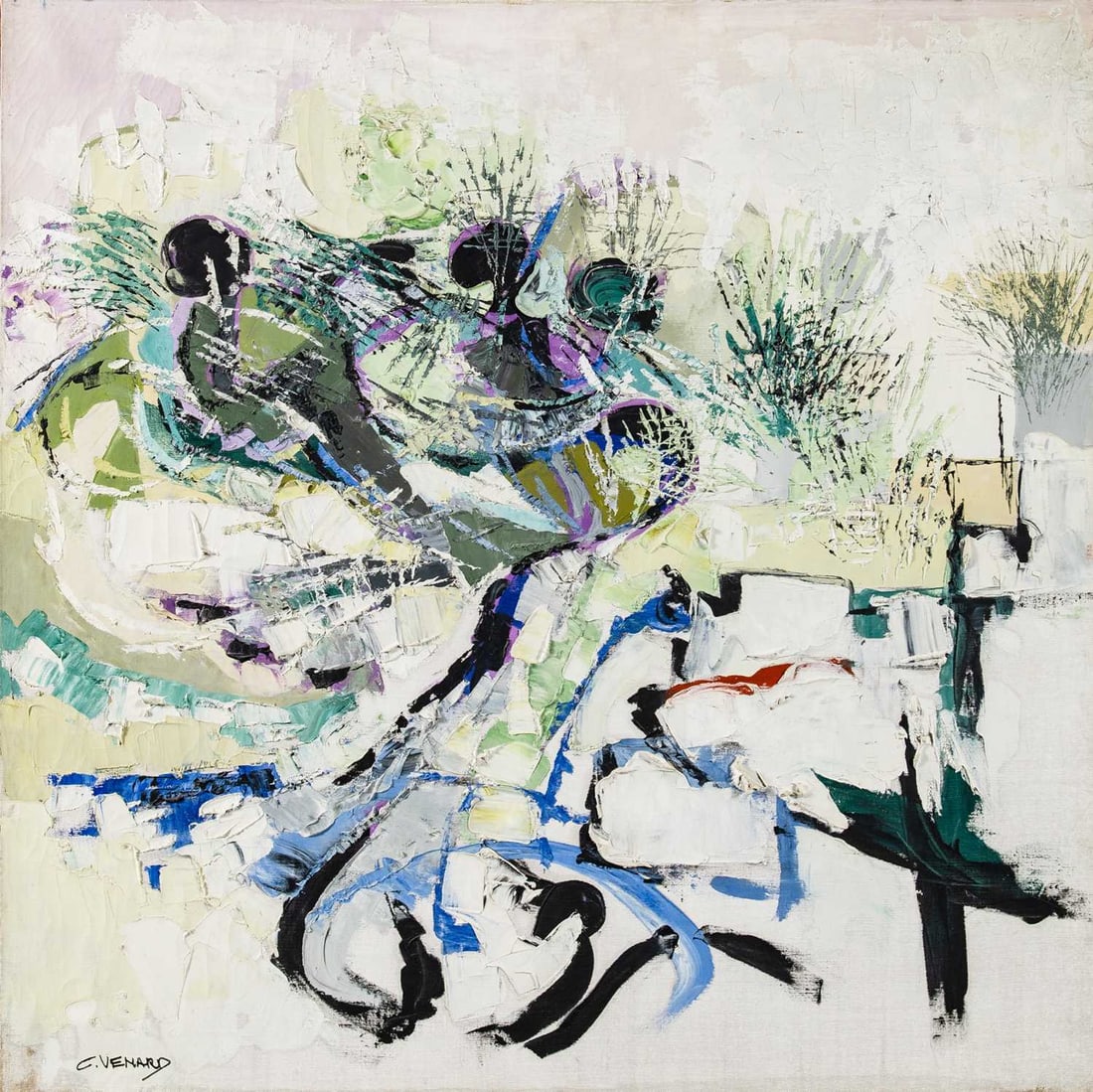 Claude Venard: French, 1913-1999 Printemps, circa 1965-66 Signed C. Venard (ll) Oil on canvas 39 1/4 x 39 1/4 inches (99.7 x 99.7 cm) Provenance: Galerie Felix Vercel, Paris/New York (Framed 39 3/4 x 39 3/4 inches)