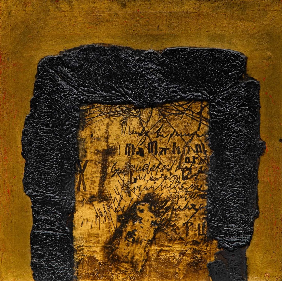 Janez Bernik: Slovenian, b. 1933 b-65, 1965 Signed and inscribed as titled on the stretcher Mixed media with oil on canvas 17 1/4 x 17 1/4 inches (43.8 x 43.8 cm) (Framed 18 x 18 inches)