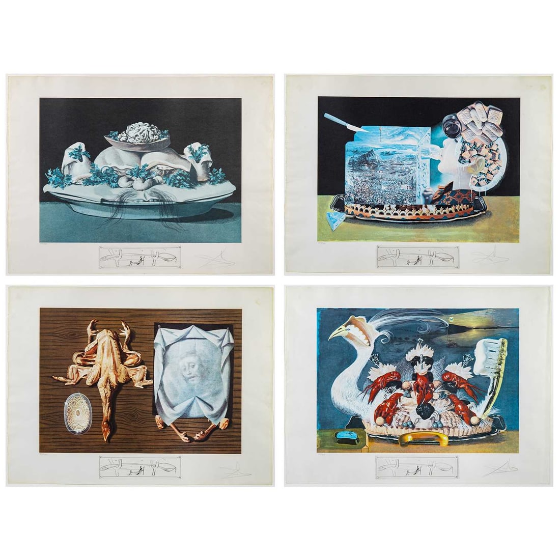 Salvador Dalí (1904–1989): LES DÎNERS DE GALA (FIELD 77-5 C, E, H, J; MICHLER/LOPSINGER 1344, 1338, 1335, 1339) Four color photolithographs with drypoint remarque of LA CUILLERE AUX BEQUILLES, on BFK Rives paper, signed an