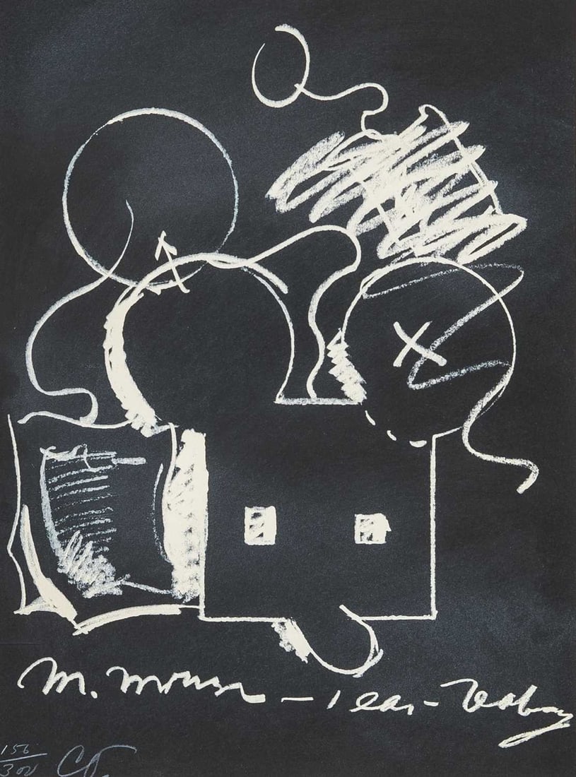 Claes Oldenburg (1929-1922): M. MOUSE (WITH) 1 EAR (EQUALS) TEA BAG BLACKBOARD VERSION (AXSOM/PLATZKER 109) Screenprint and lithograph, 1973, signed with initials and numbered 156/300 in white crayon, from the New York Collection