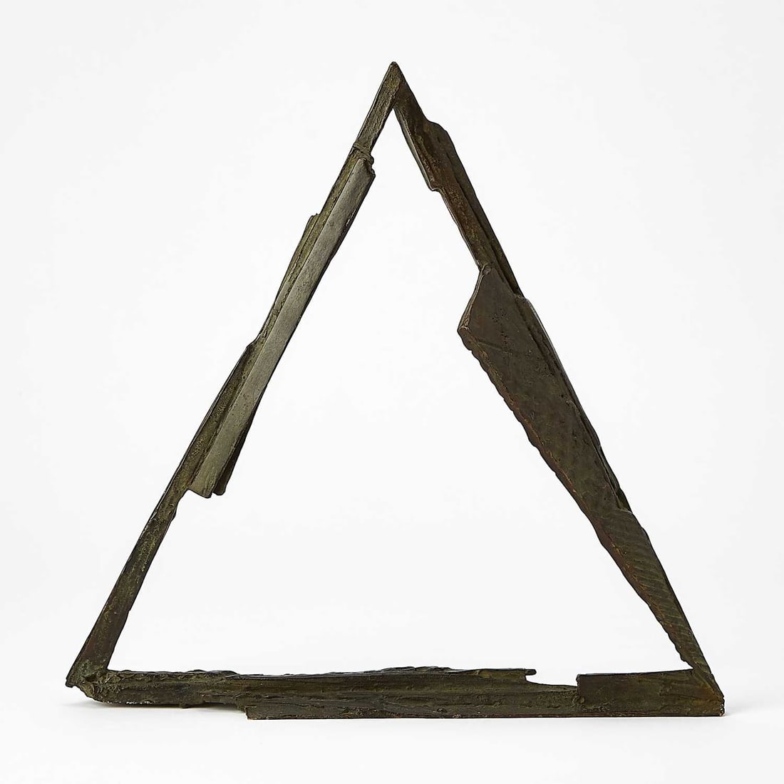 Bruno Romeda: Italian, 1933-2017 Triangle, 1998 Signed, dated and numbereed ROMEDA '98 3/8 on the underside Bronze with greenish-brown patina 10 1/2 x 10 5/8 x 2 3/4 inches (26.7 x 27 x 7 cm)