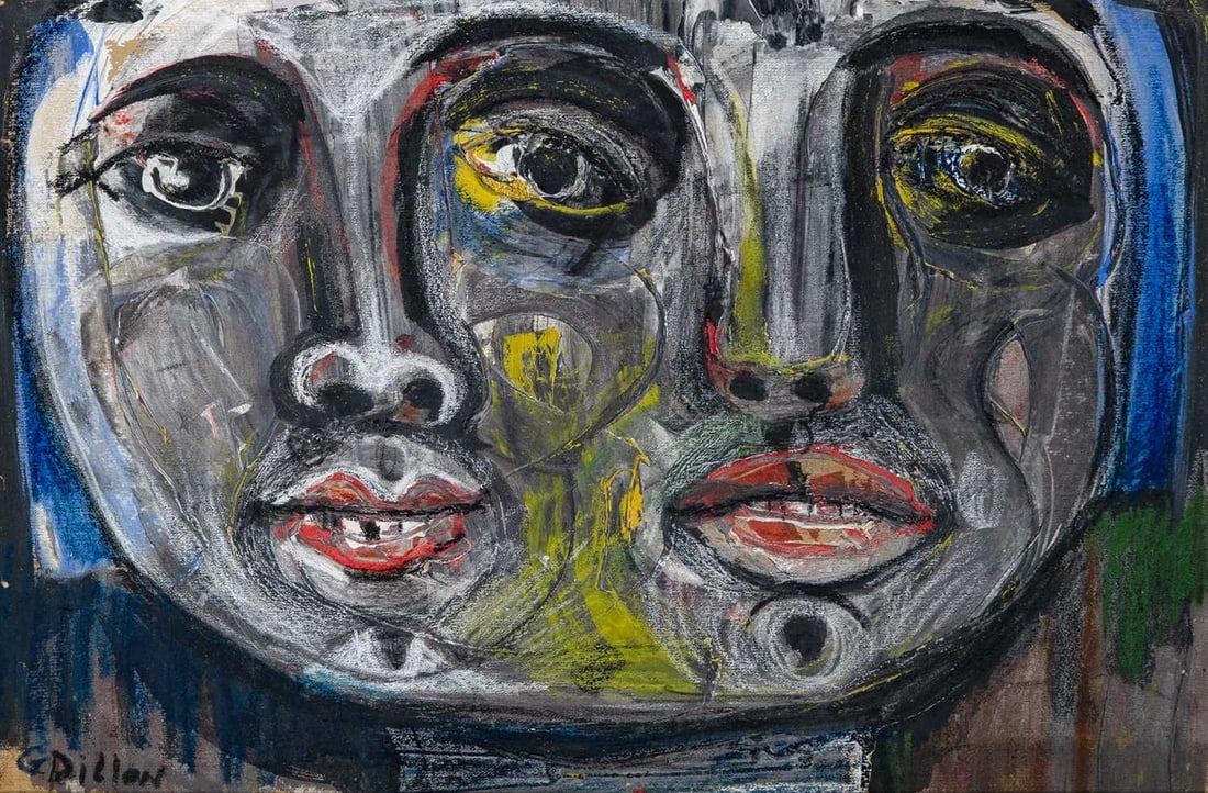 Gerard Dillon: Irish, 1916-1971 Strange Woman (or Two-Headed Woman) Signed G. Dillon (ll) Mixed media with oil on paper laid down on board 14 5/8 x 22 inches (37.2 x 55.9 cm) Provenance: George Gallery, Dublin,