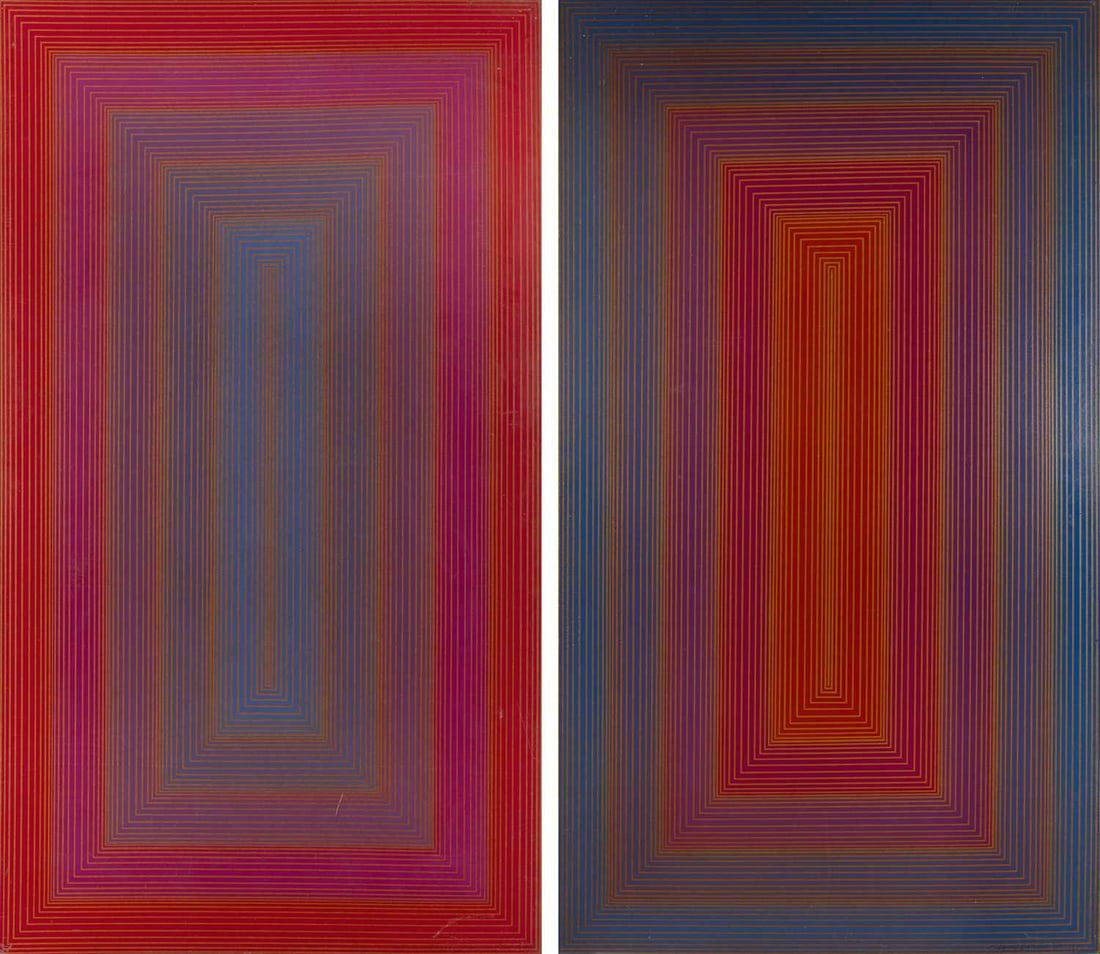 Richard Anuszkiewicz (1930-2020): BLUE TO RED PORTAL; RED TO BLUE PORTAL Two color screenprints on masonite, 1977, signed, dated and numbered 8/50 in pencil, published by Editions Lassiter-Meisel, New York, the full sheets. Each