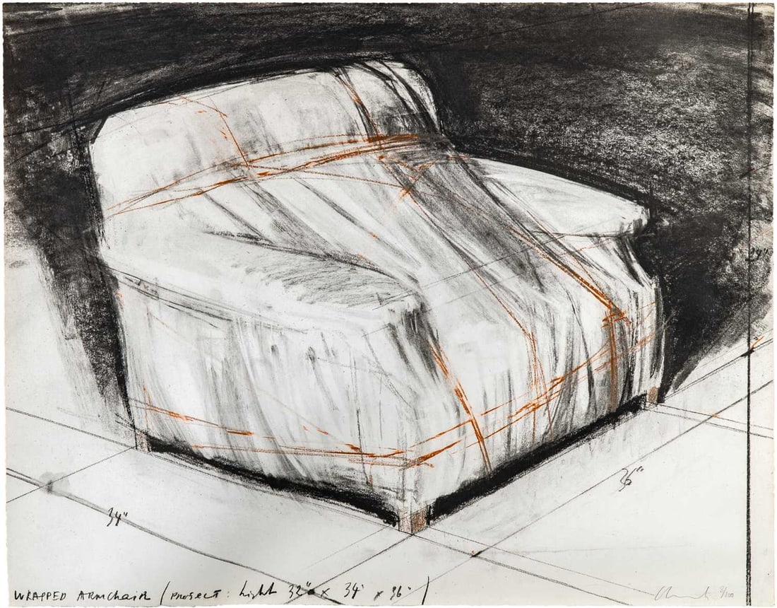 Christo (1935-2020) and Jeanne-Claude (1935-2009): WRAPPED ARMCHAIR, PROJECT (SCHELLMANN 88) Color lithograph, 1977, on Rives Crouronne paper, signed and numbered 8/100 in pencil, printed by Matthieu AG, Zurich, published by Abrams Original Editions,
